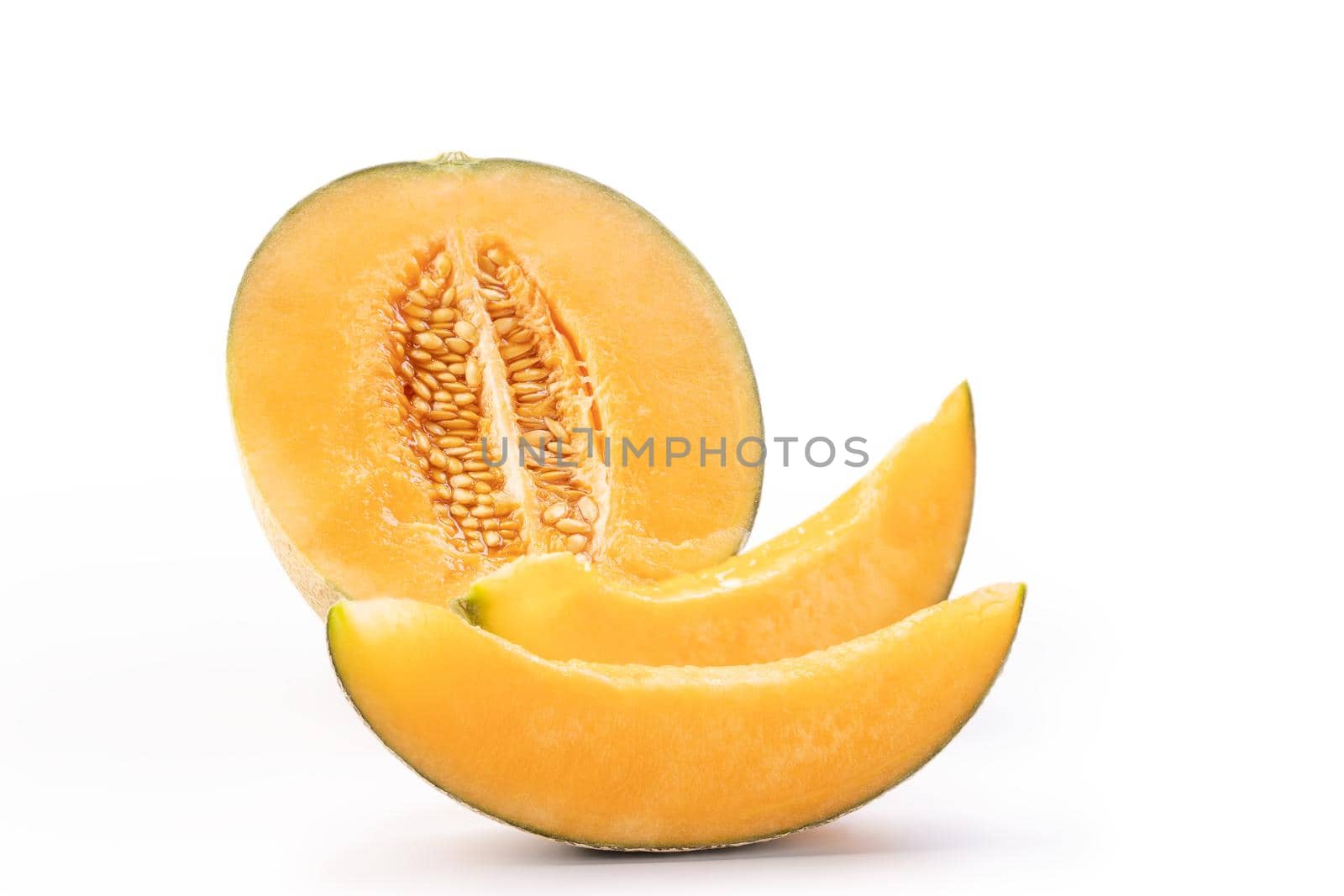 Beautiful tasty sliced juicy cantaloupe melon, muskmelon, rock melon isolated on white background, close up, clipping path, cut out.