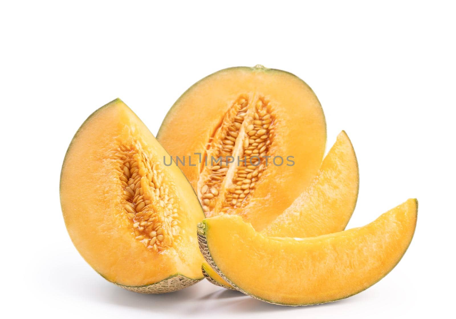 Beautiful tasty sliced juicy cantaloupe melon, muskmelon, rock melon isolated on white background, close up, clipping path, cut out.