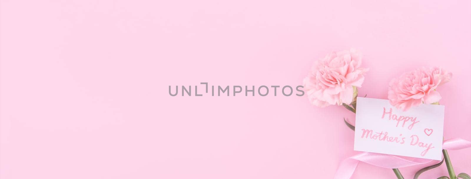 Beautiful, fresh elegant carnation flower bouquet with white greeting thanks gift card isolated on bright pink color background, top view, flat lay concept.