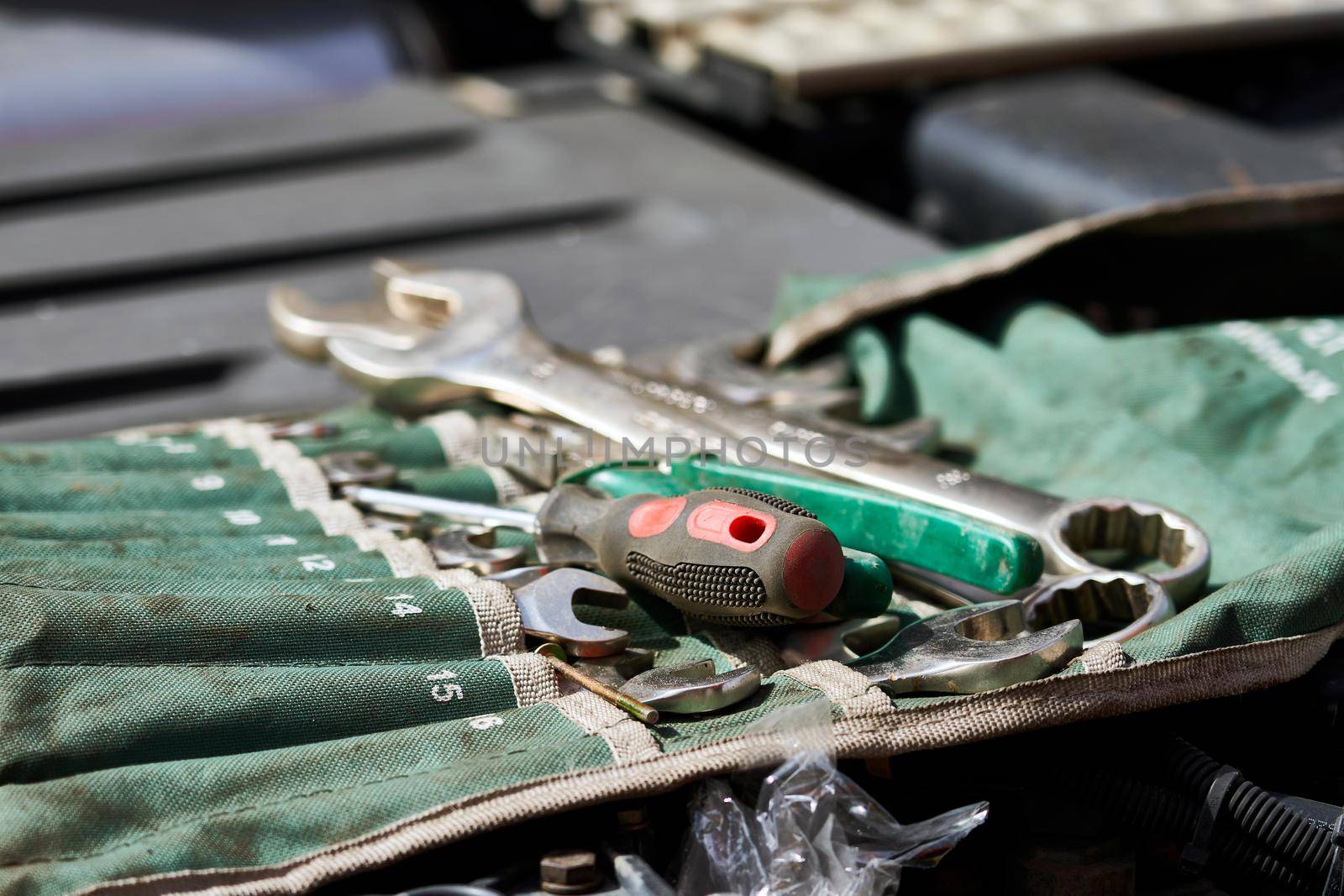 car mechanic tool set in a auto repair shop