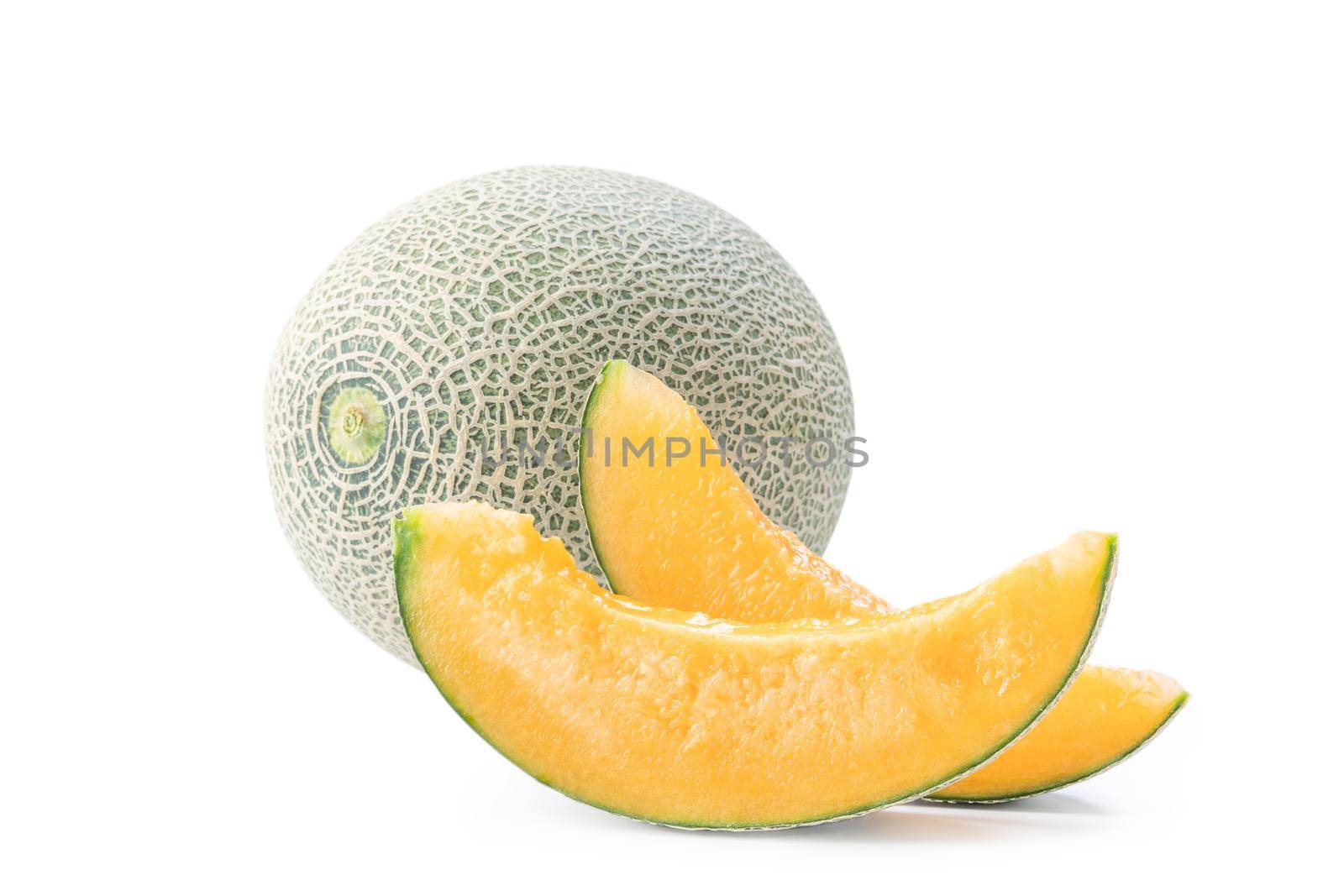 Beautiful tasty sliced juicy cantaloupe melon, muskmelon, rock melon isolated on white background, close up, clipping path, cut out.