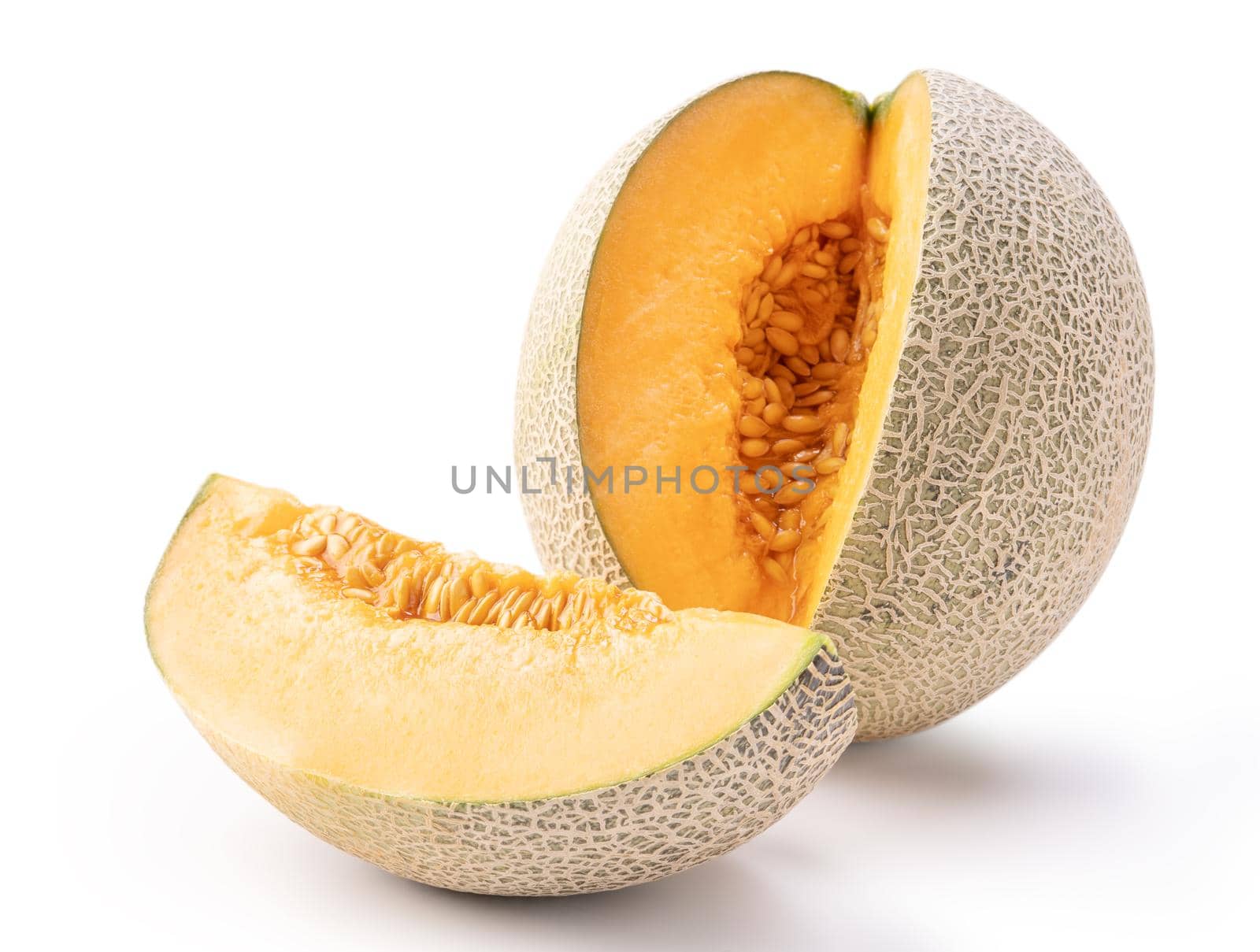 Beautiful tasty sliced juicy cantaloupe melon, muskmelon, rock melon isolated on white background, close up, clipping path, cut out.