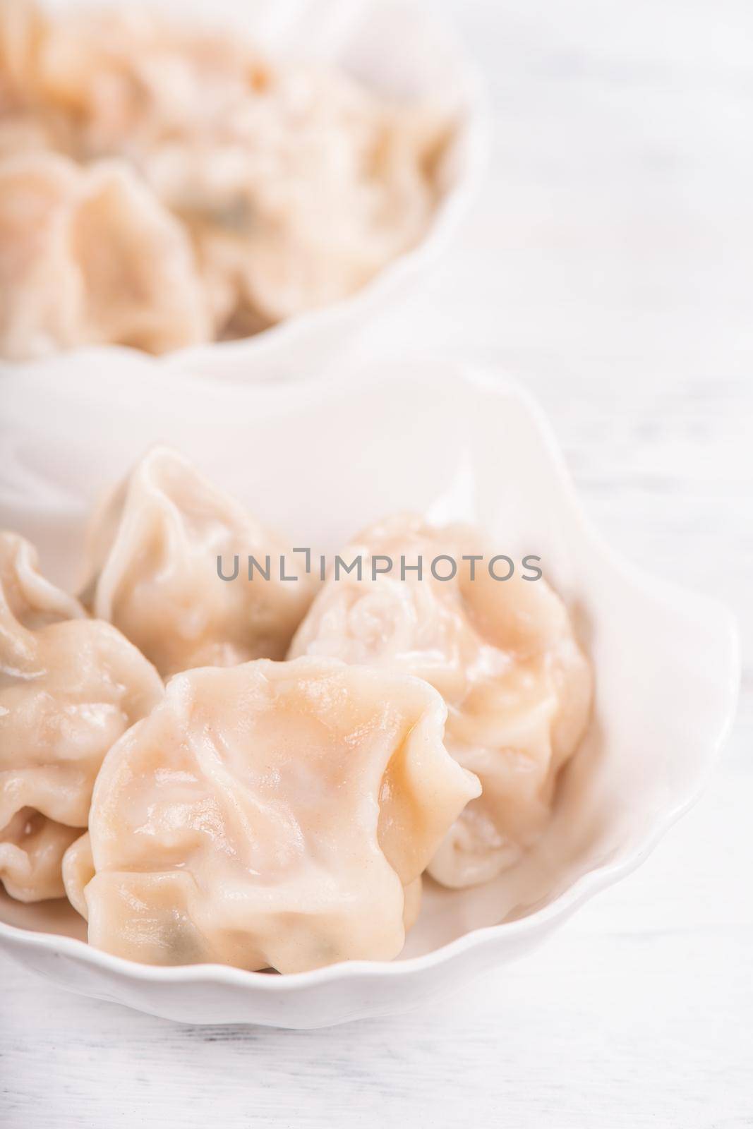 Fresh, delicious boiled pork, shrimp gyoza dumplings on white background with soy sauce and chopsticks, close up, lifestyle. Homemade design concept.