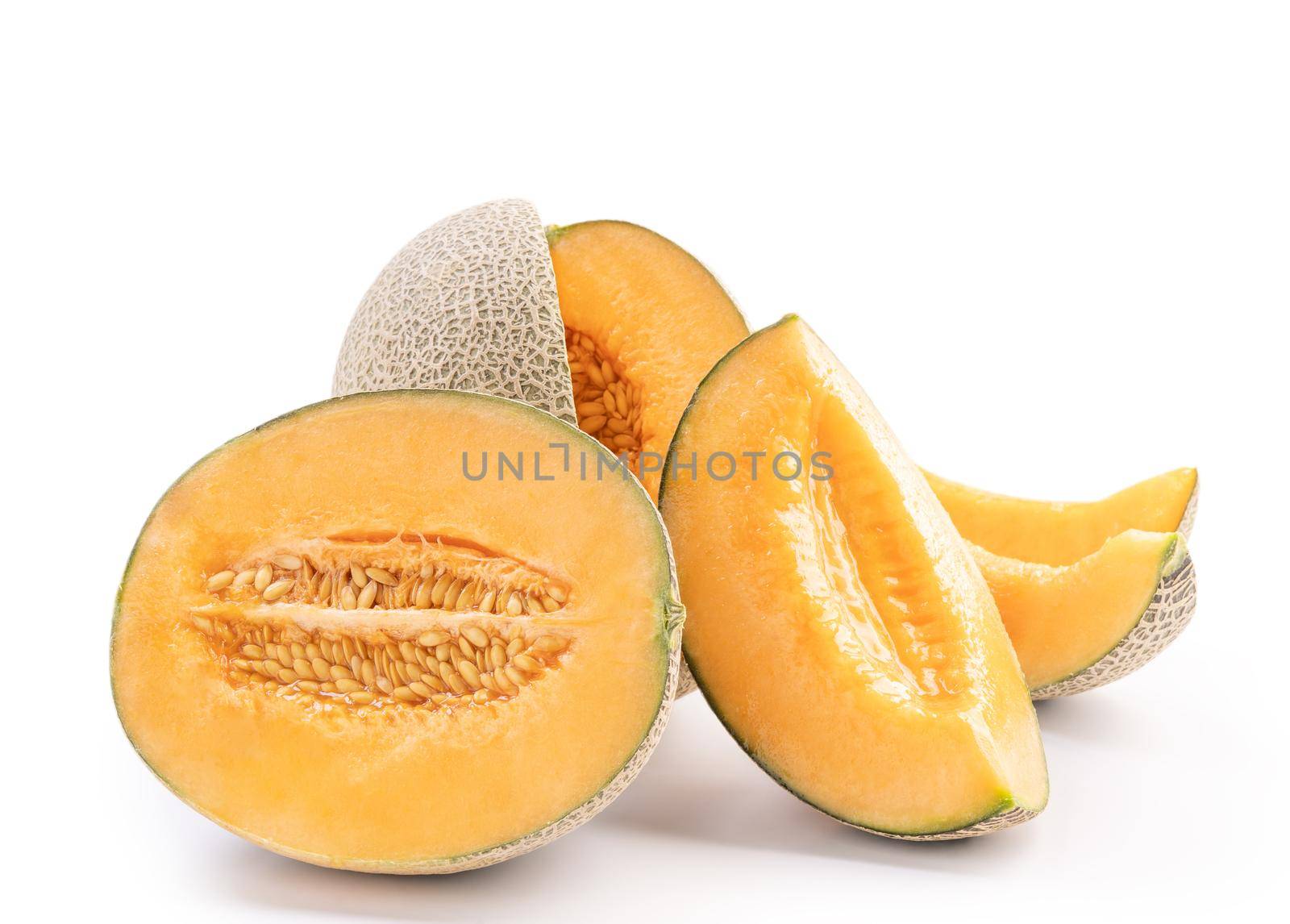 Beautiful tasty sliced juicy cantaloupe melon, muskmelon, rock melon isolated on white background, close up, clipping path, cut out.