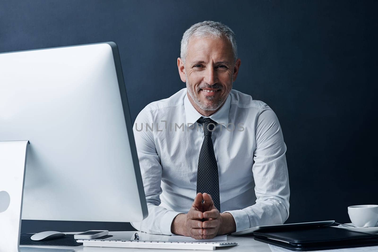 What can I do for you today. Cropped portrait of a mature businessman working on his computer. by YuriArcurs