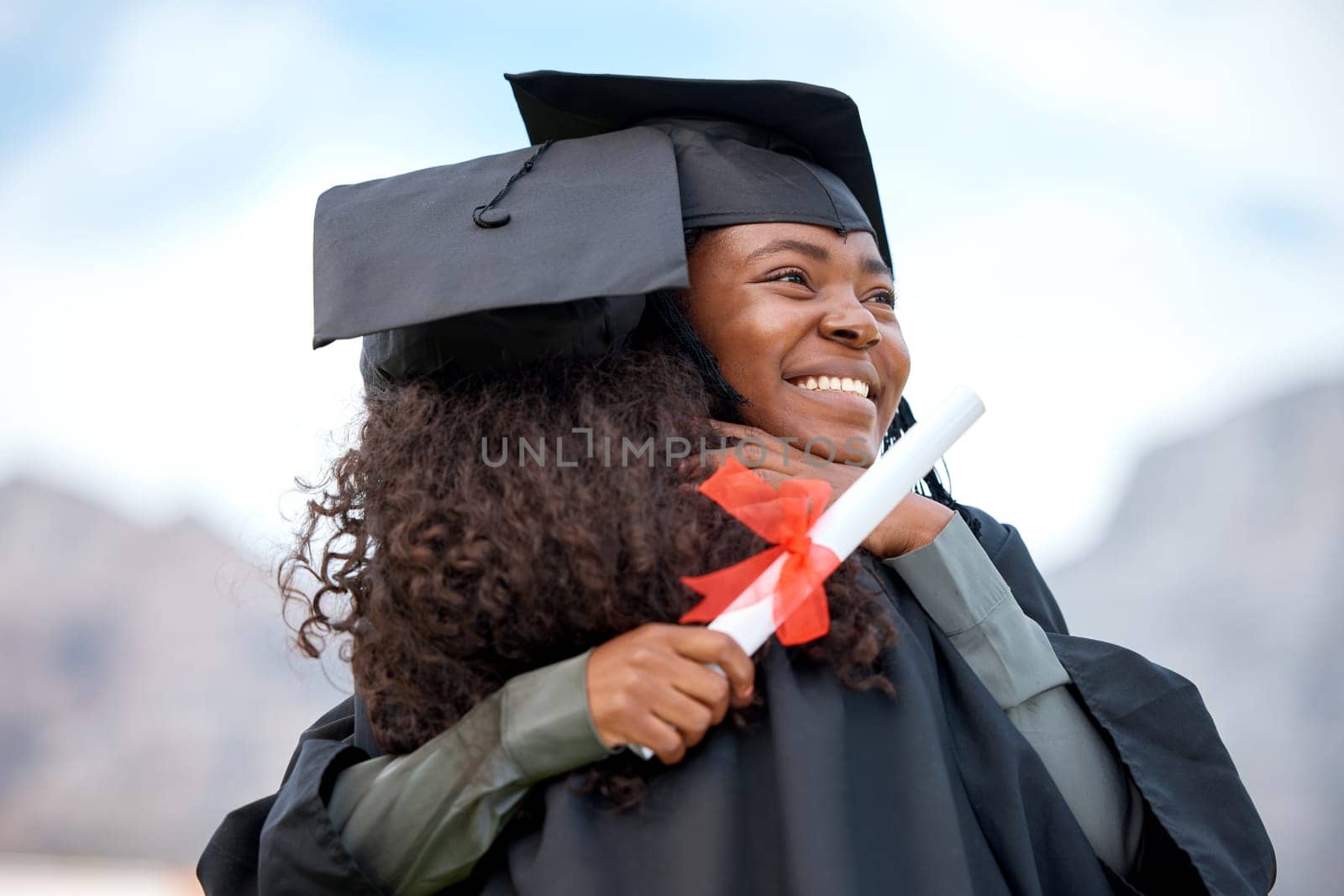 Graduation hug, education and women with certificate for scholarship, achievement or school success. Happy, affection and friends or students hugging with a smile to celebrate a diploma from college by YuriArcurs