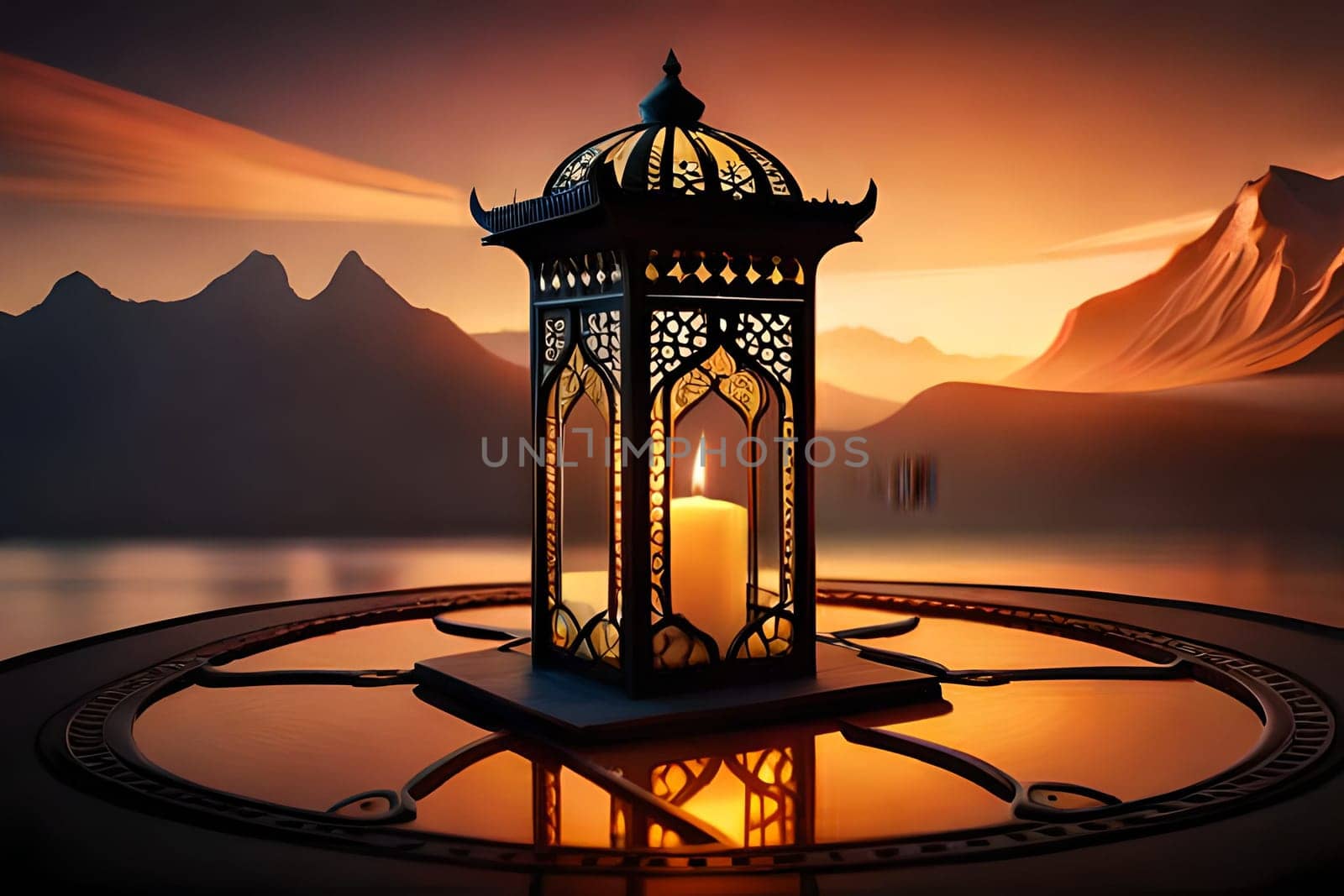 Ornamental Arabic lantern with burning candle glowing . by milastokerpro