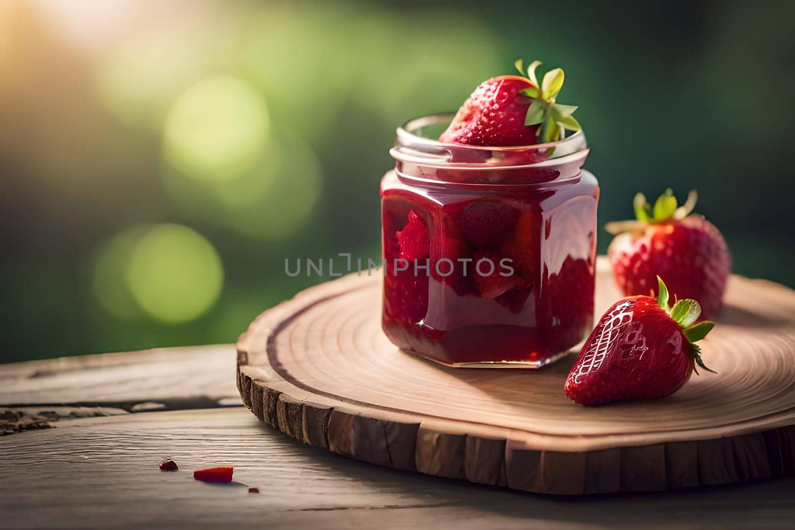 Strawberry jam in the glass jar with berries Generative Ai.