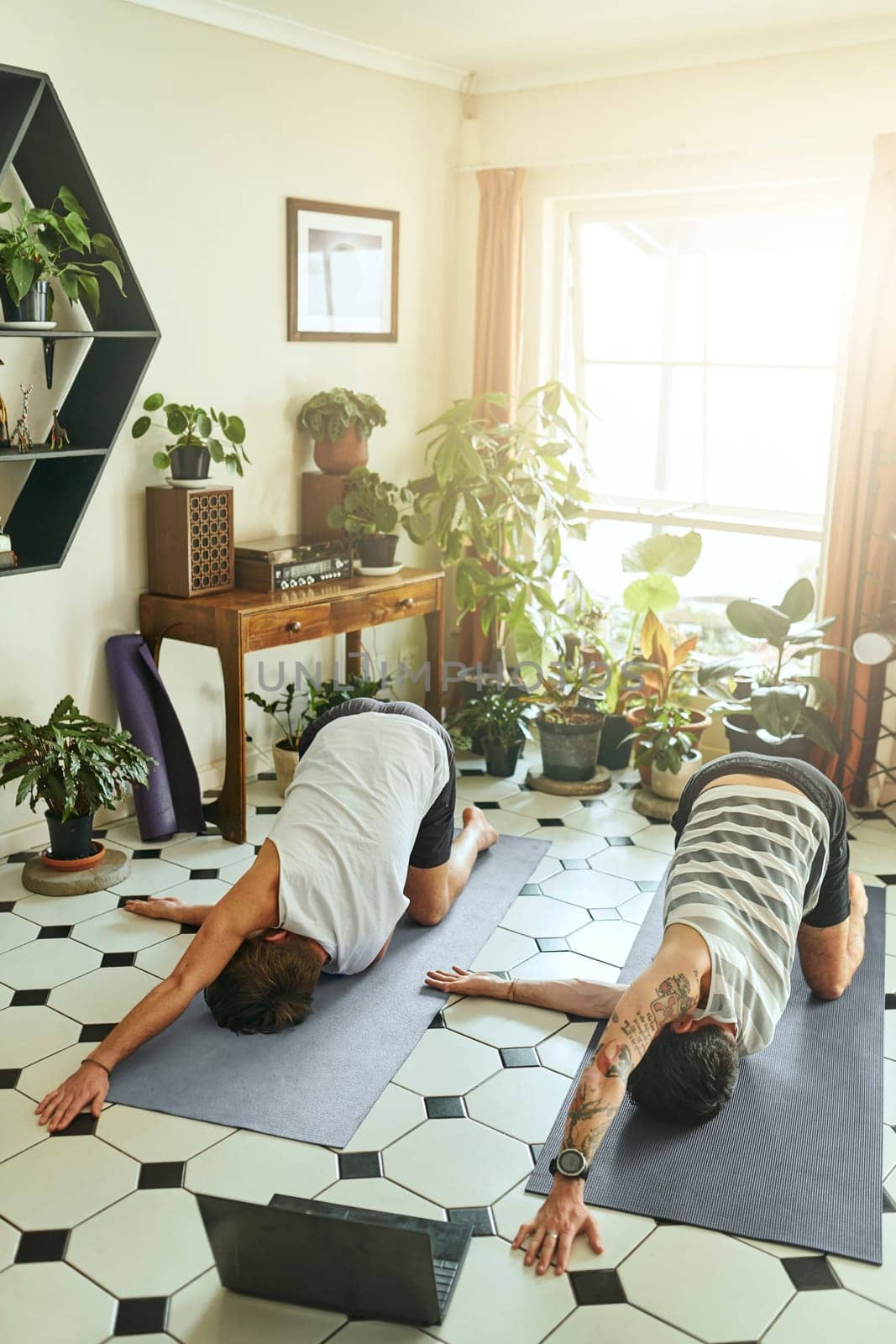 Delving deep into the world of yoga. two men using a laptop while going through a yoga routine at home. by YuriArcurs