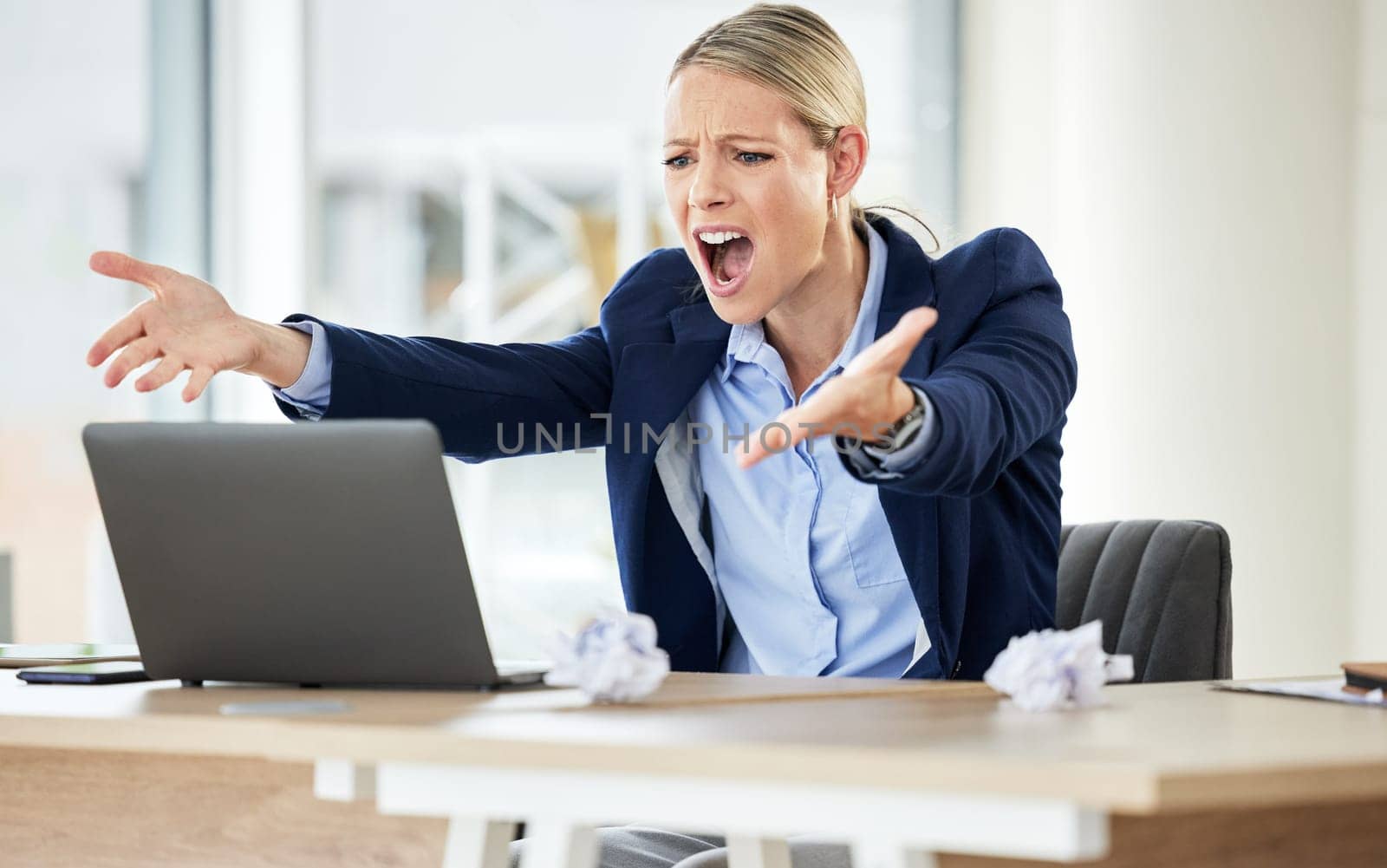 Business, screaming and woman with anger, laptop and error with connection issue, frustrated and glitch. Female person, consultant and employee with a pc, angry and shouting with a problem and stress by YuriArcurs