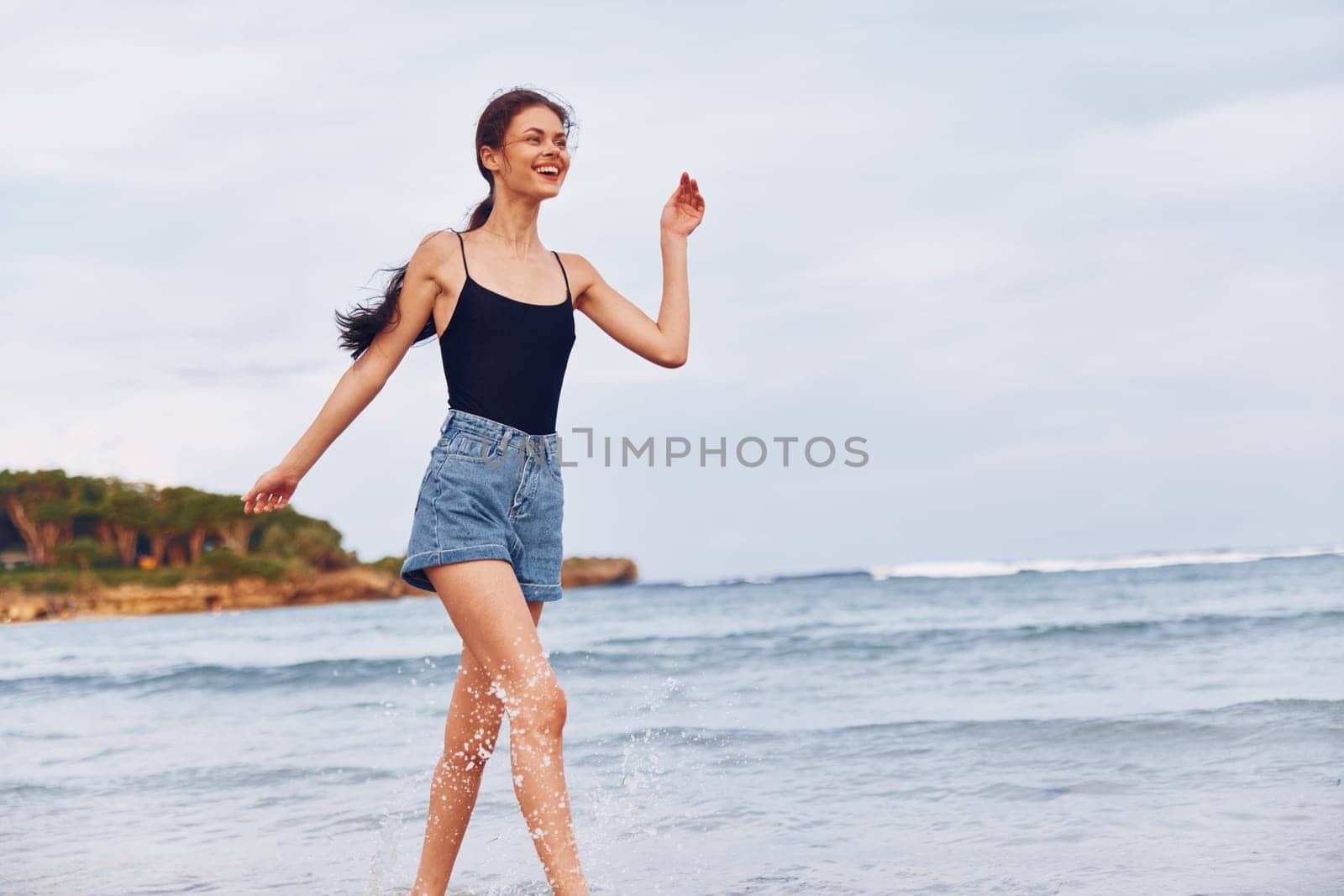 female woman wave hair running relax positive hair freedom walking fun long travel sunset beach beauty sexy young lifestyle sea summer smile