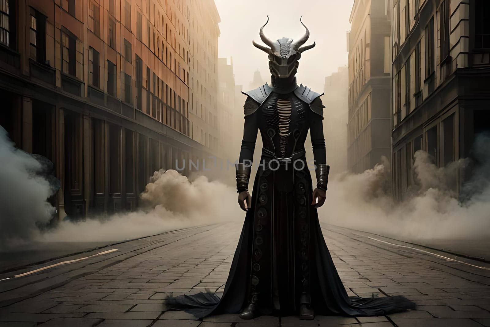 A painting of a man with a black mask and horns. Digital painting illustration Generative AI