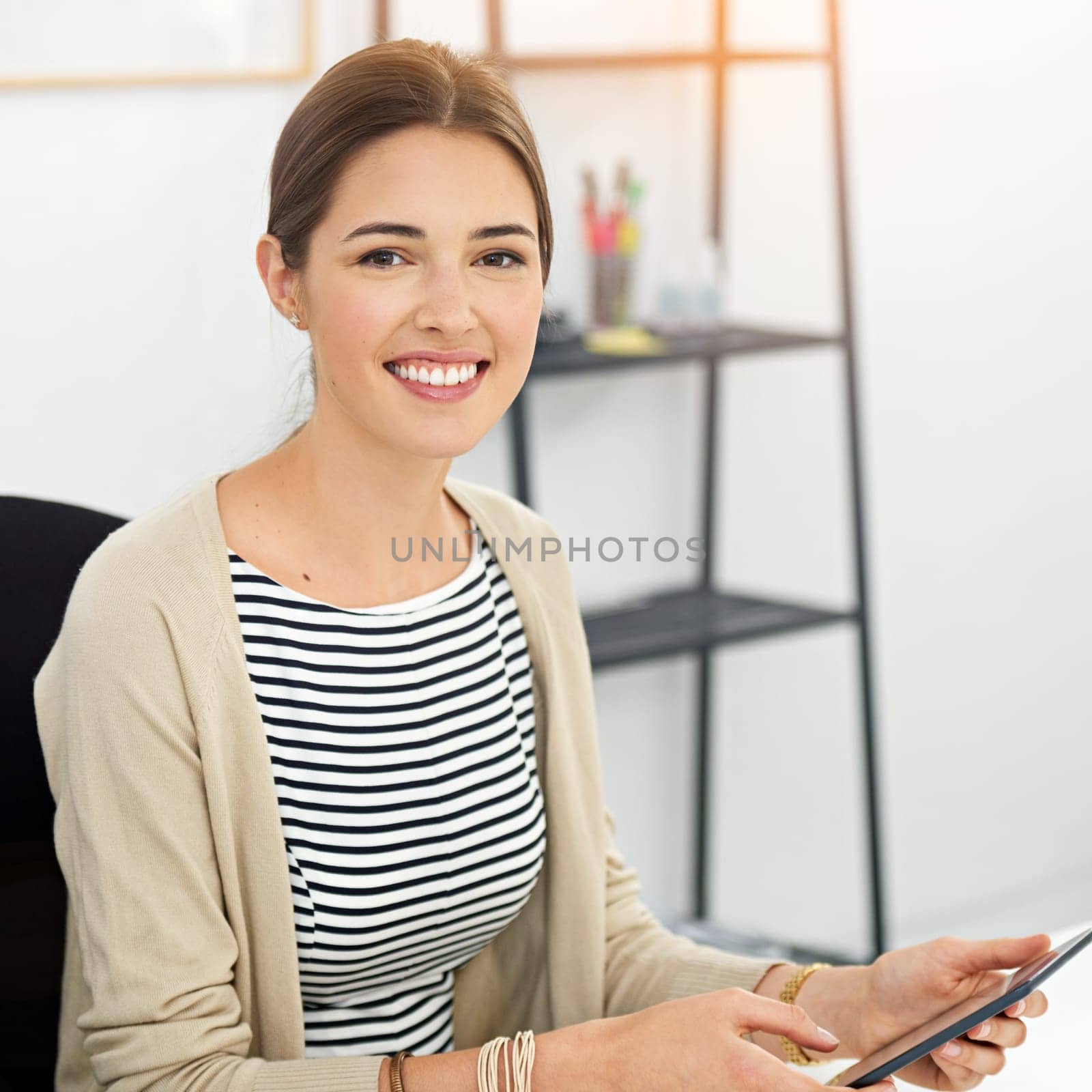 Smile, portrait and woman with tablet, designer or creative in startup company. Face, entrepreneur and graphic design person from Canada with technology, pride or success mindset for business at work.