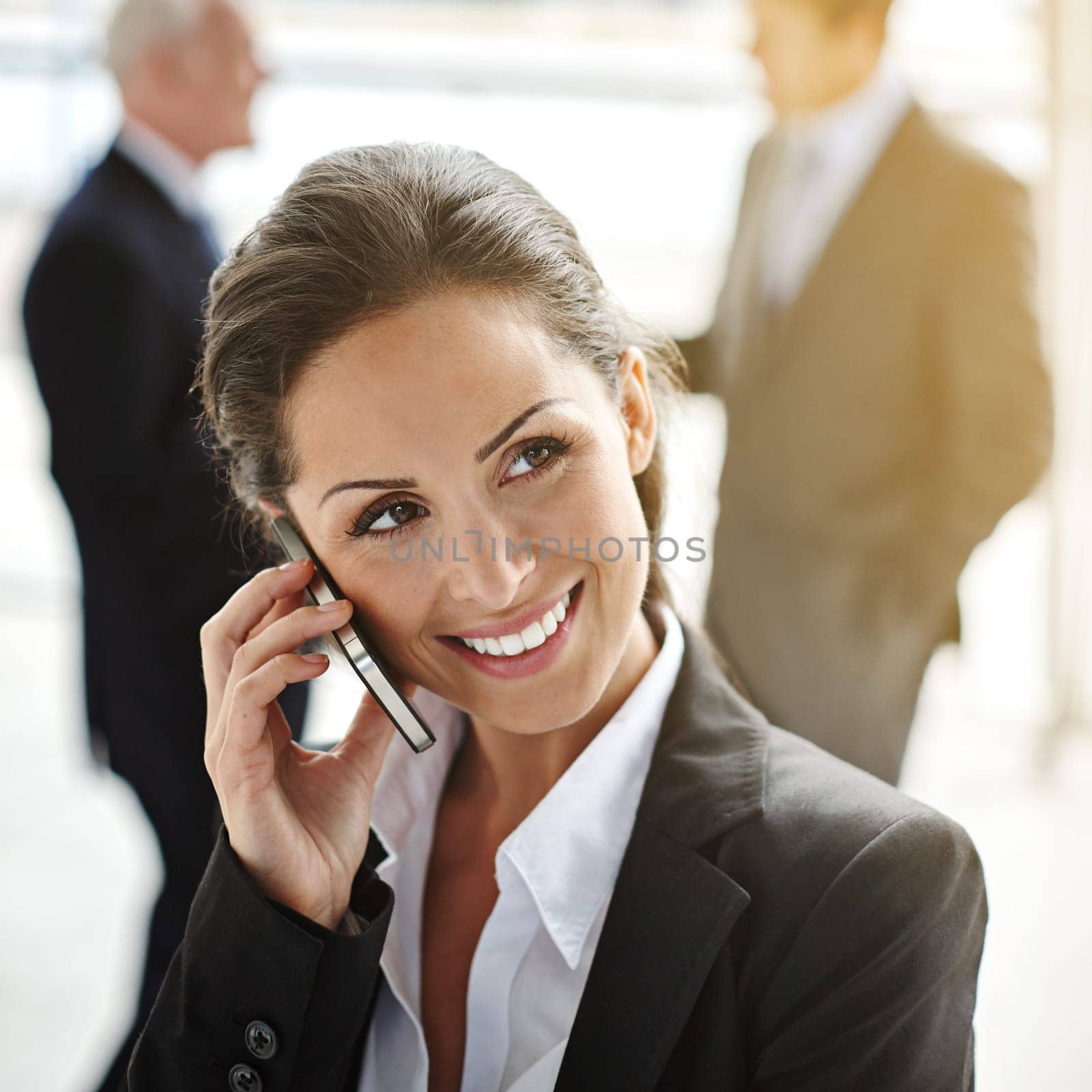 Business, phone call and happy woman thinking of communication, networking and employee engagement chat. Ideas, news or online solution of corporate manager or business people talking on mobile voip.