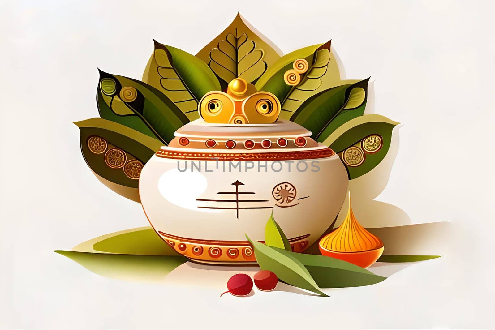 Happy ugadi greeting card background with kalash. Happy Ugadi holiday composition - Hindu New Year festival. Decorated Kalash with coconut, flowers, mango leaves and diya.