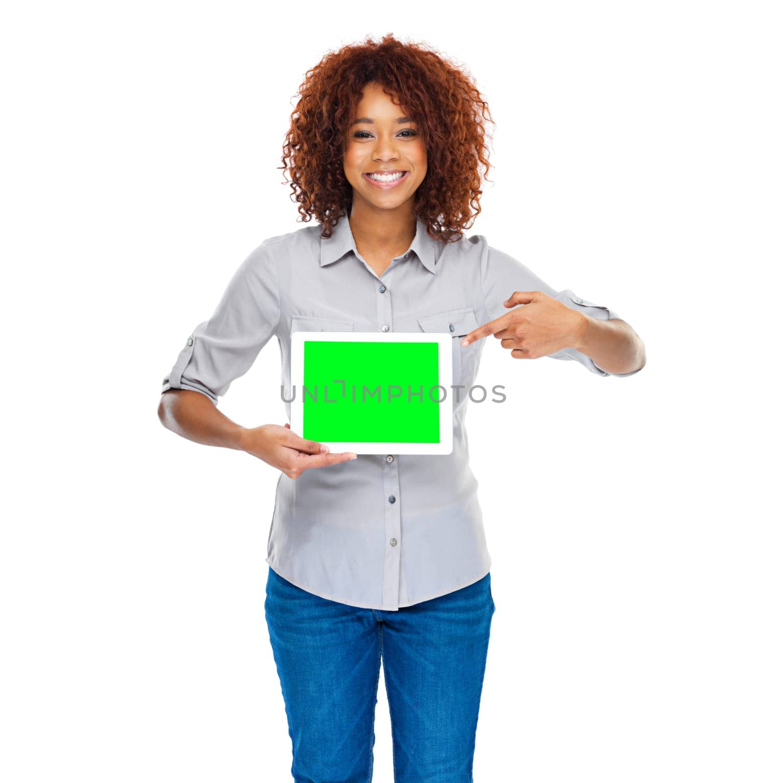 Woman, green screen tablet and gesture in studio for social media app, review and mockup by white background. Isolated african lady, model and portrait for web design job, space and smile for promo.
