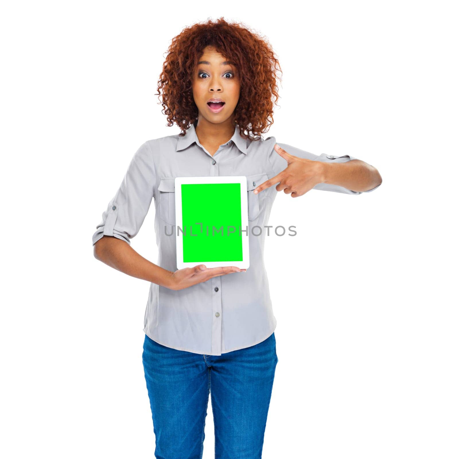 Woman, point and green screen tablet in studio for social media app, review and mockup by white background. Isolated african lady, model and touchscreen for web design job, space and surprise face.