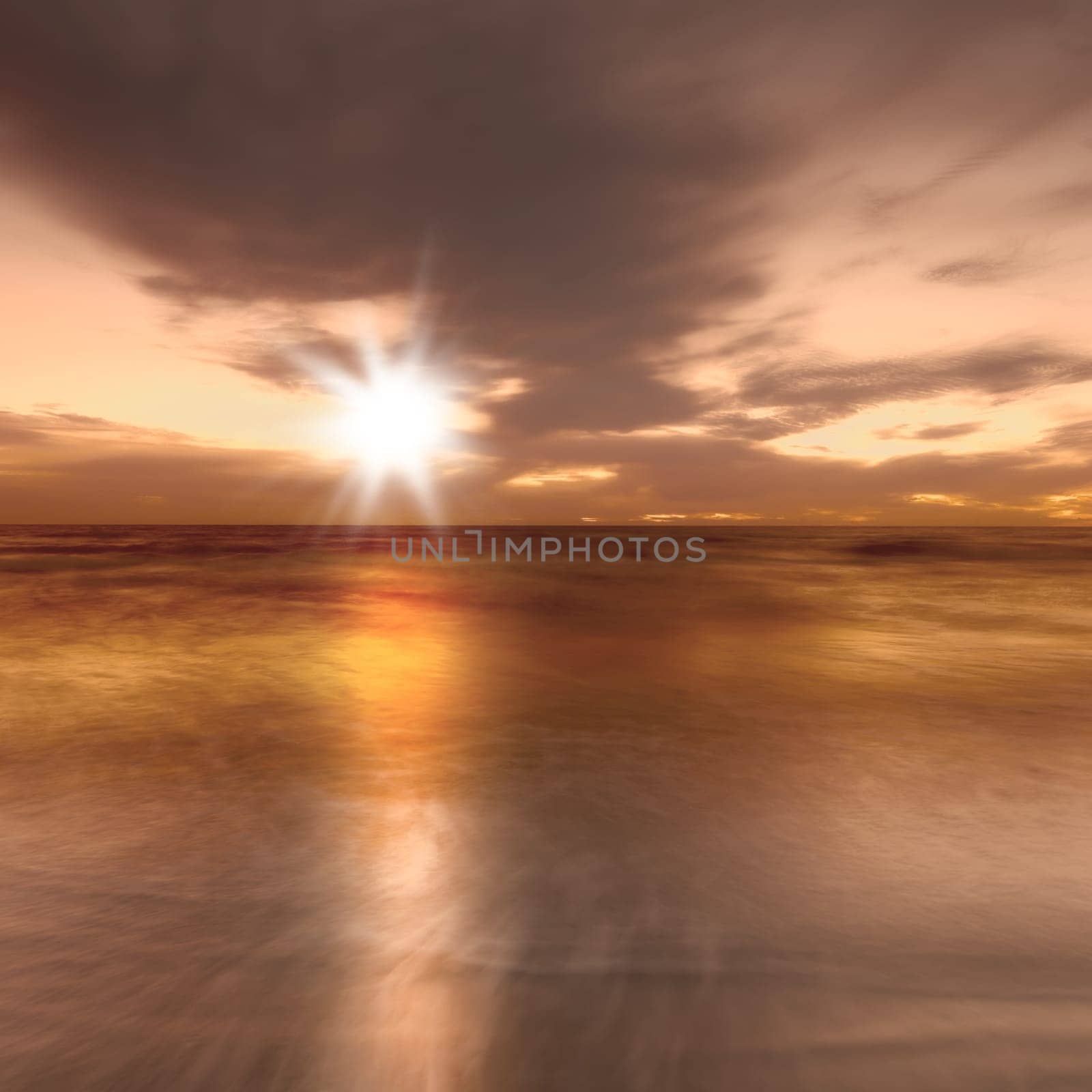 Space, ocean and clouds with sunset at beach for environment, peace and landscape mockup. Summer, sunshine and sunrise with wave on horizon for travel destination, reflection and seaside vacation.