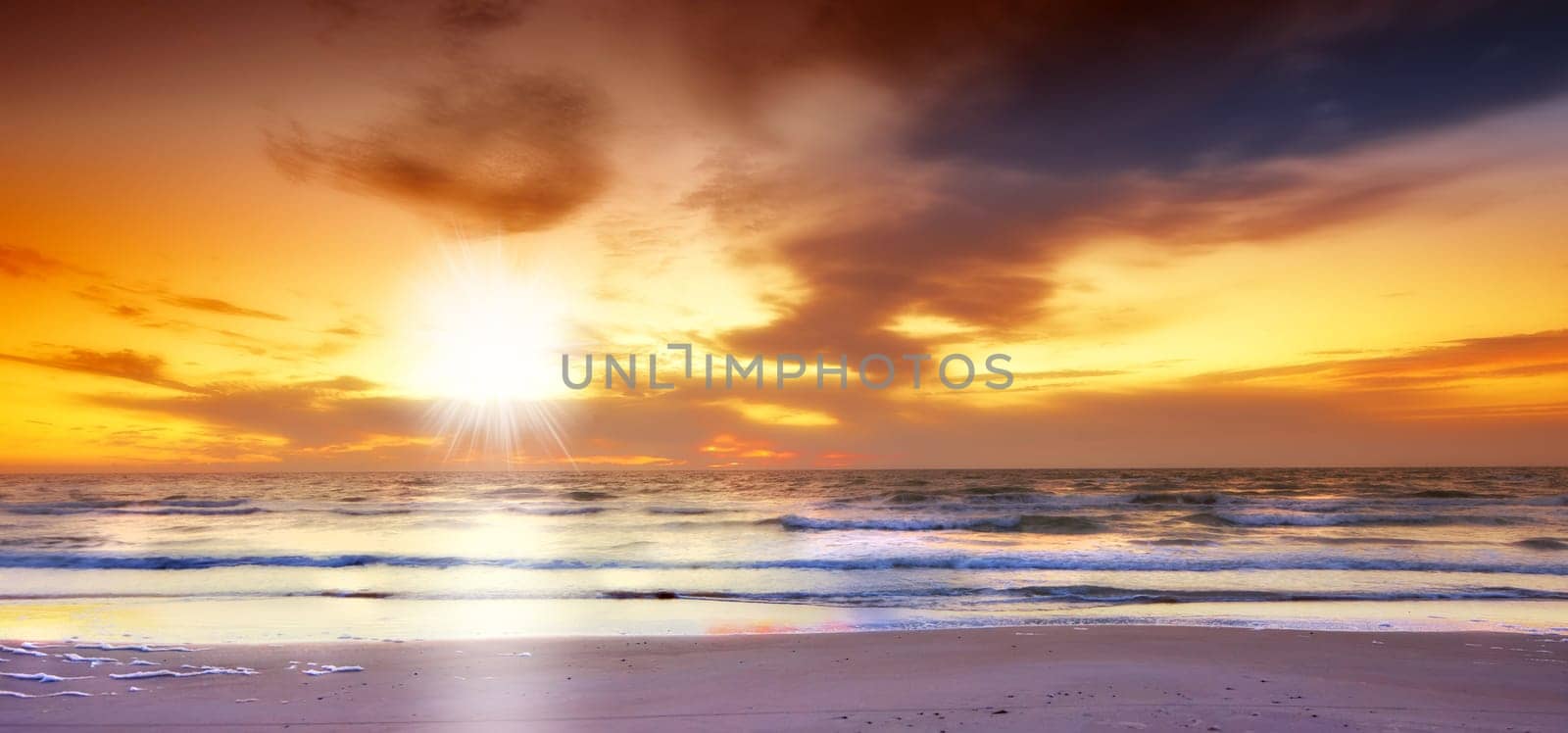 Sky, sunset and sea at morning on the horizon with ocean and water waves landscape. Sunrise, calm weather and summer by the beach with coastline and outdoor environment with the sun in nature.