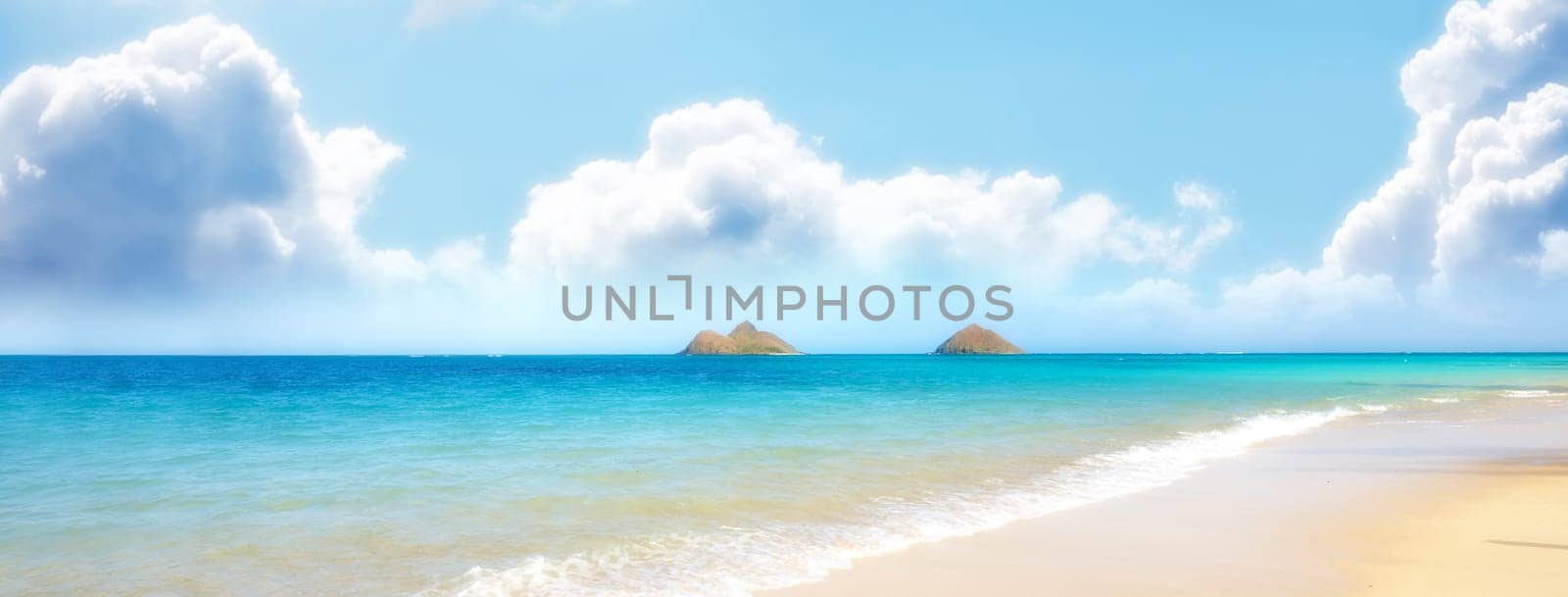 Water, beach and ocean landscape with clouds in the sky or travel to a tropical paradise, dream vacation or island holiday, Hawaii, summer wallpaper and relax in nature, sun and blue sea waves by YuriArcurs