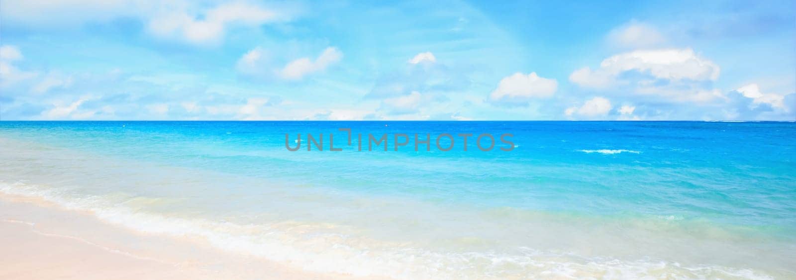 Sea, blue sky and landscape with beach and travel, white sand and summer vacation outdoor in Hawaii. Environment, horizon and seaside location with tropical destination and journey on island.