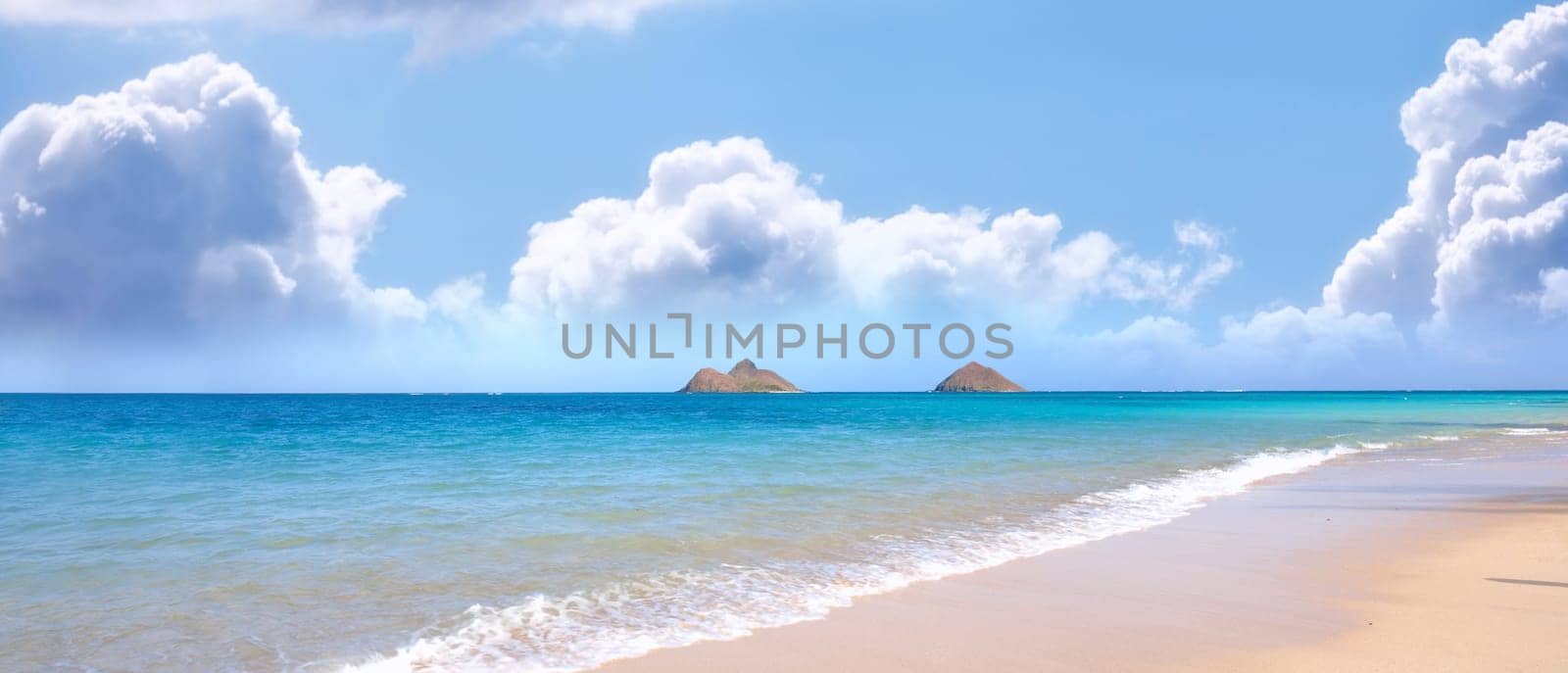 Beach, water and ocean landscape with clouds in the sky or travel to a tropical paradise, dream vacation or island holiday, Hawaii, summer wallpaper and relax in nature, sun and blue sea waves.