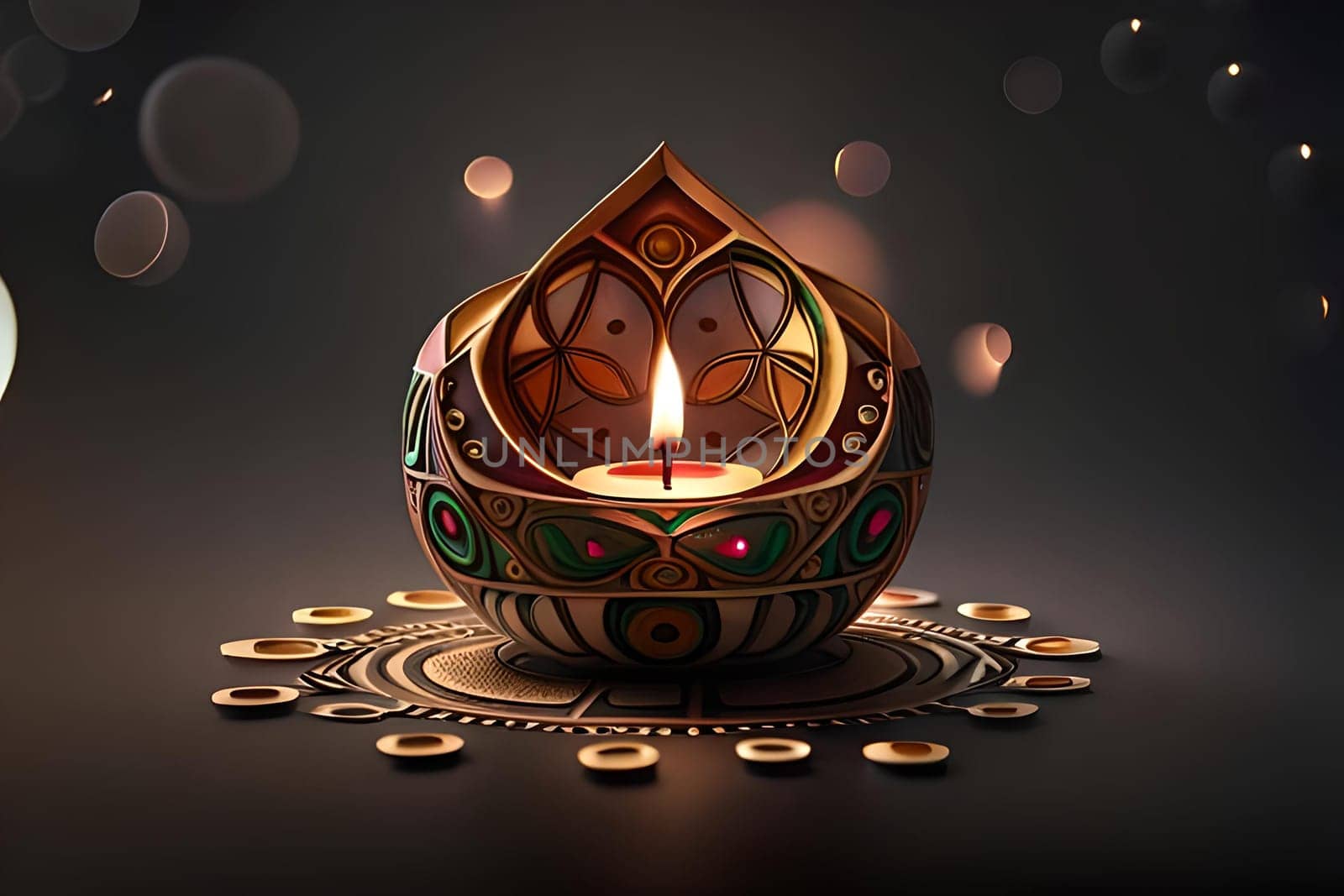 3D rendering indian lamp for diwali celebration on soft background ethereal. Colorful particle effects in the background. Gold filigree on a indian lamp. AI-generated Digital Art