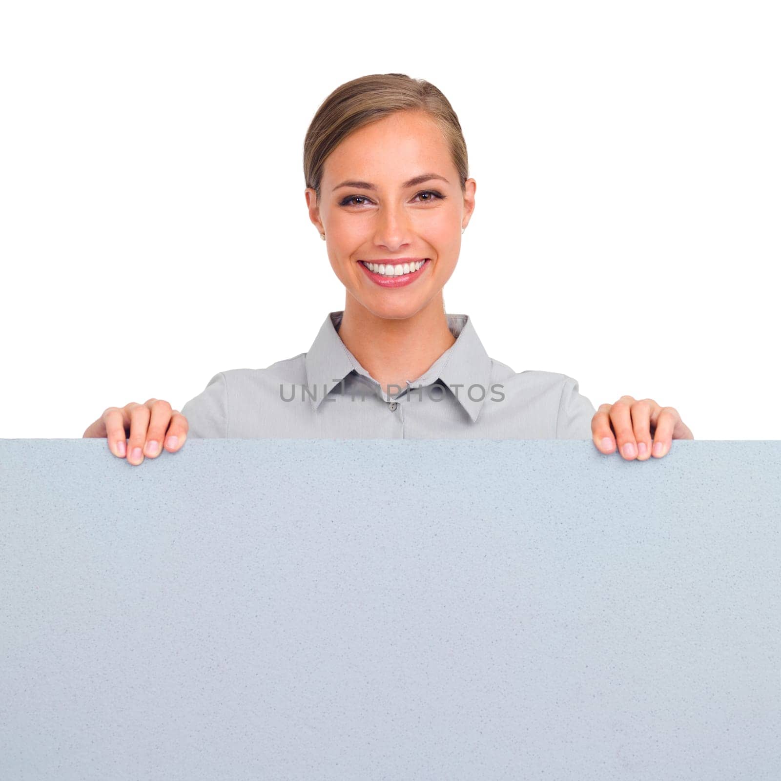 Happy woman, portrait and billboard for business advertising or marketing against a white studio background. Isolated female person with smile holding poster or sign for advertisement on mockup space by YuriArcurs