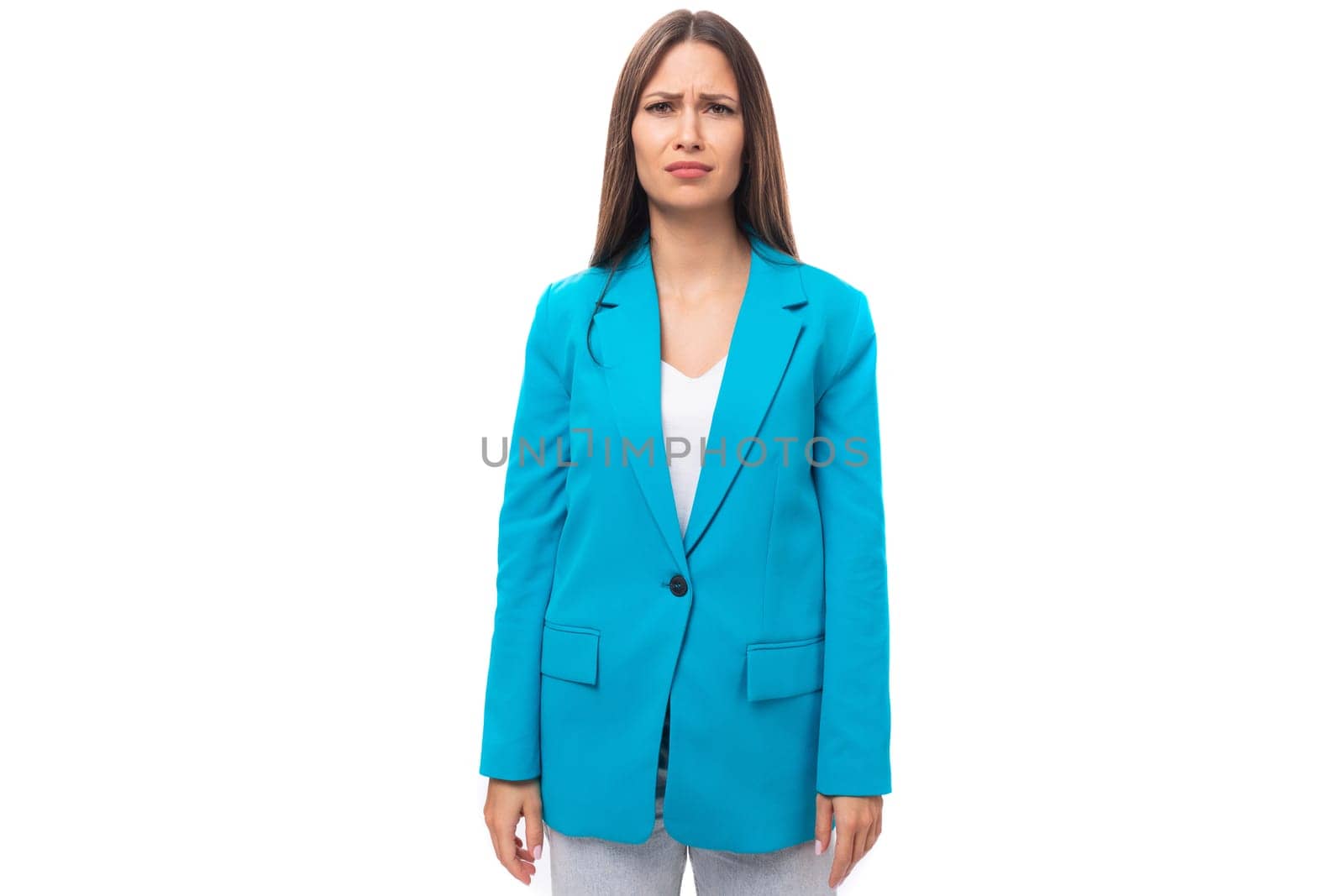 young distressed brunette model woman dressed in a stylish business jacket by TRMK
