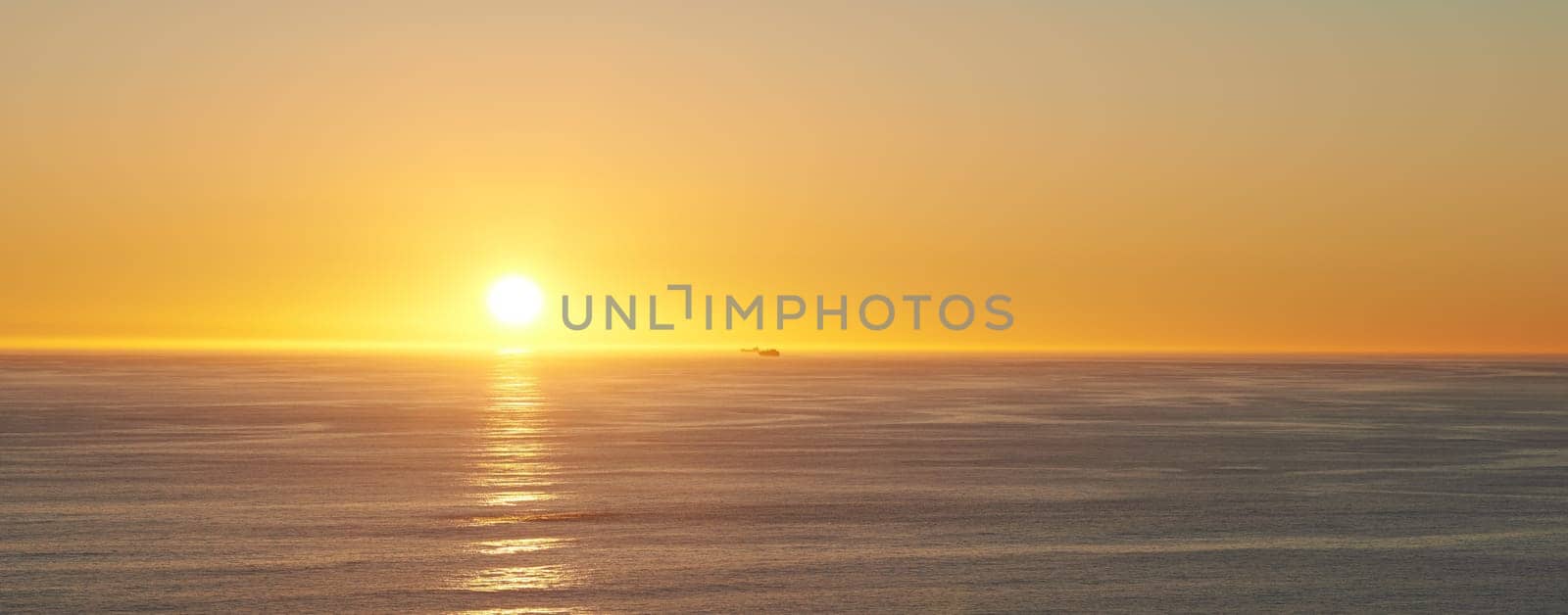 Sky, sunset and sea at morning on the horizon with ocean and waves landscape. Sunrise background, calm weather and summer by the beach with coastline and outdoor environment with mockup in nature.