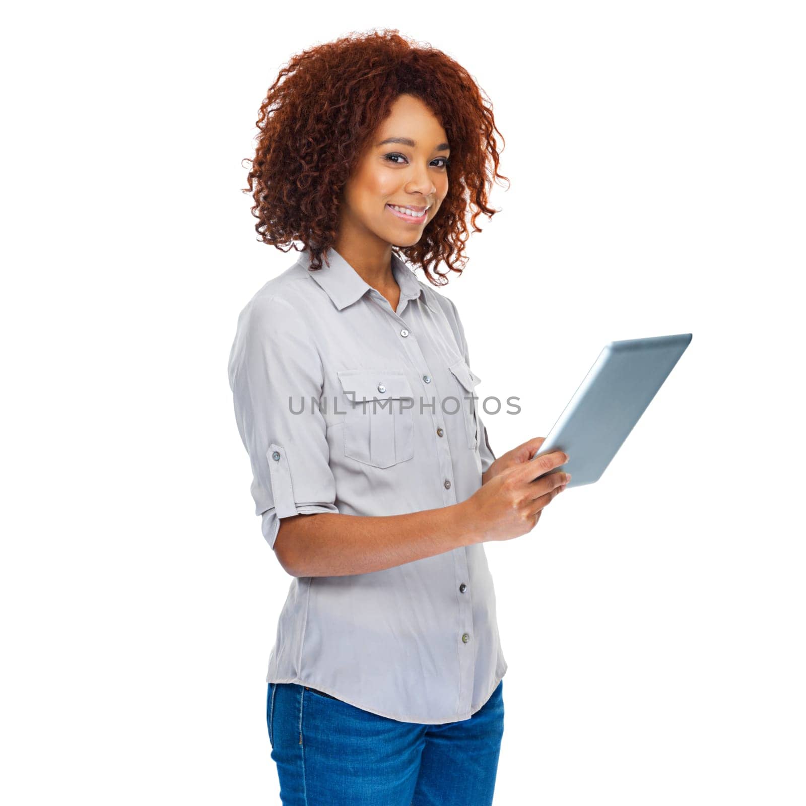 Woman, texting and tablet in studio portrait for social media app, contact or isolated by white background. Young african lady, model and digital touchscreen for web design job, smile or connectivity.