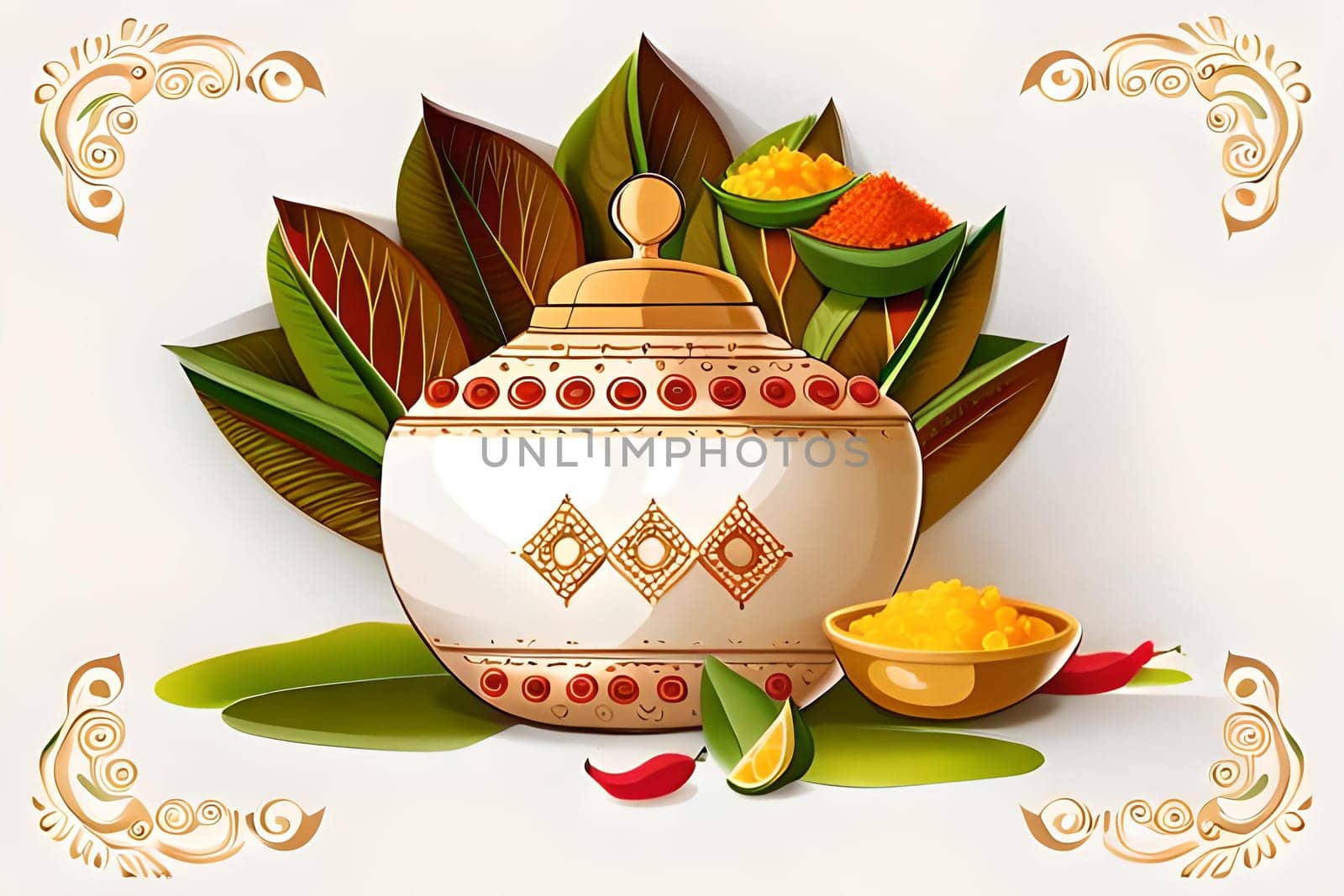 Happy ugadi greeting card background with kalash. Happy Ugadi holiday composition - Hindu New Year festival. Decorated Kalash with coconut, flowers, mango leaves and diya.
