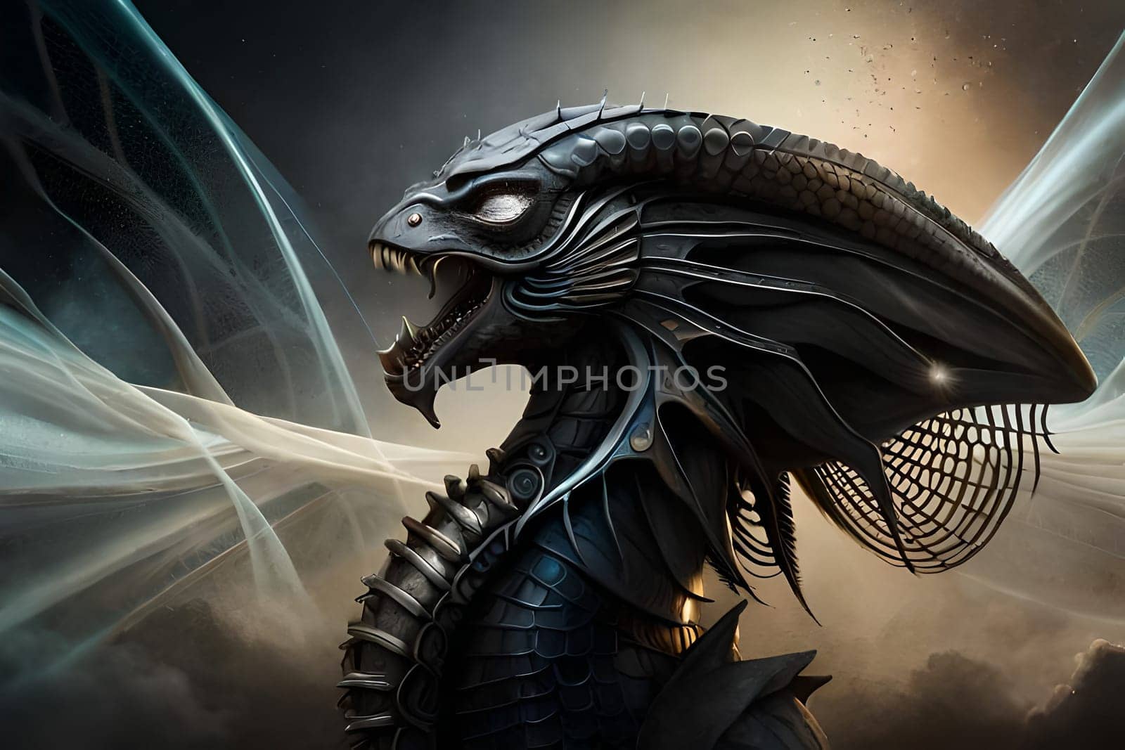 Fantasy evil dragon portrait. Surreal artwork of danger dragon from medieval mythology . Digital painting illustration Generative AI