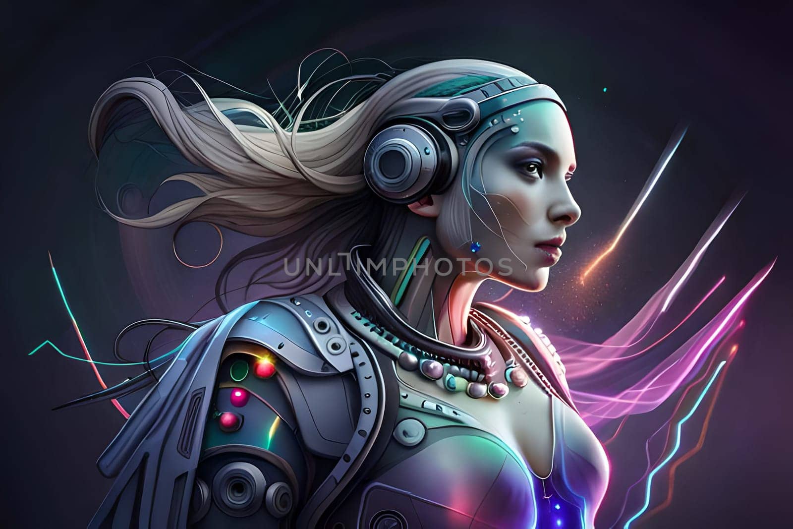 A woman with a robot face and a face painted in silver. Science Fiction Beautiful Humanoid Cyborg Woman . Female Bionic RobotbSci-Fi Video Game Character Digital Artwork