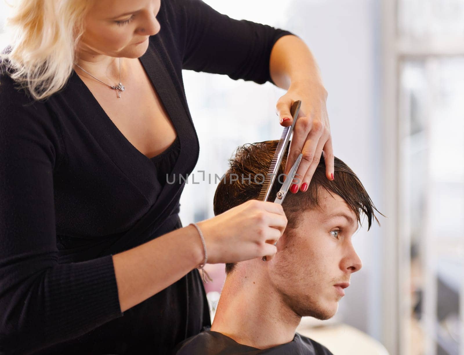 Hair care comb, hairdresser scissors and woman cut client hairstyle, cleaning and grooming in beauty spa salon. Hairdressing, service and studio person, customer or man for haircare brush treatment.