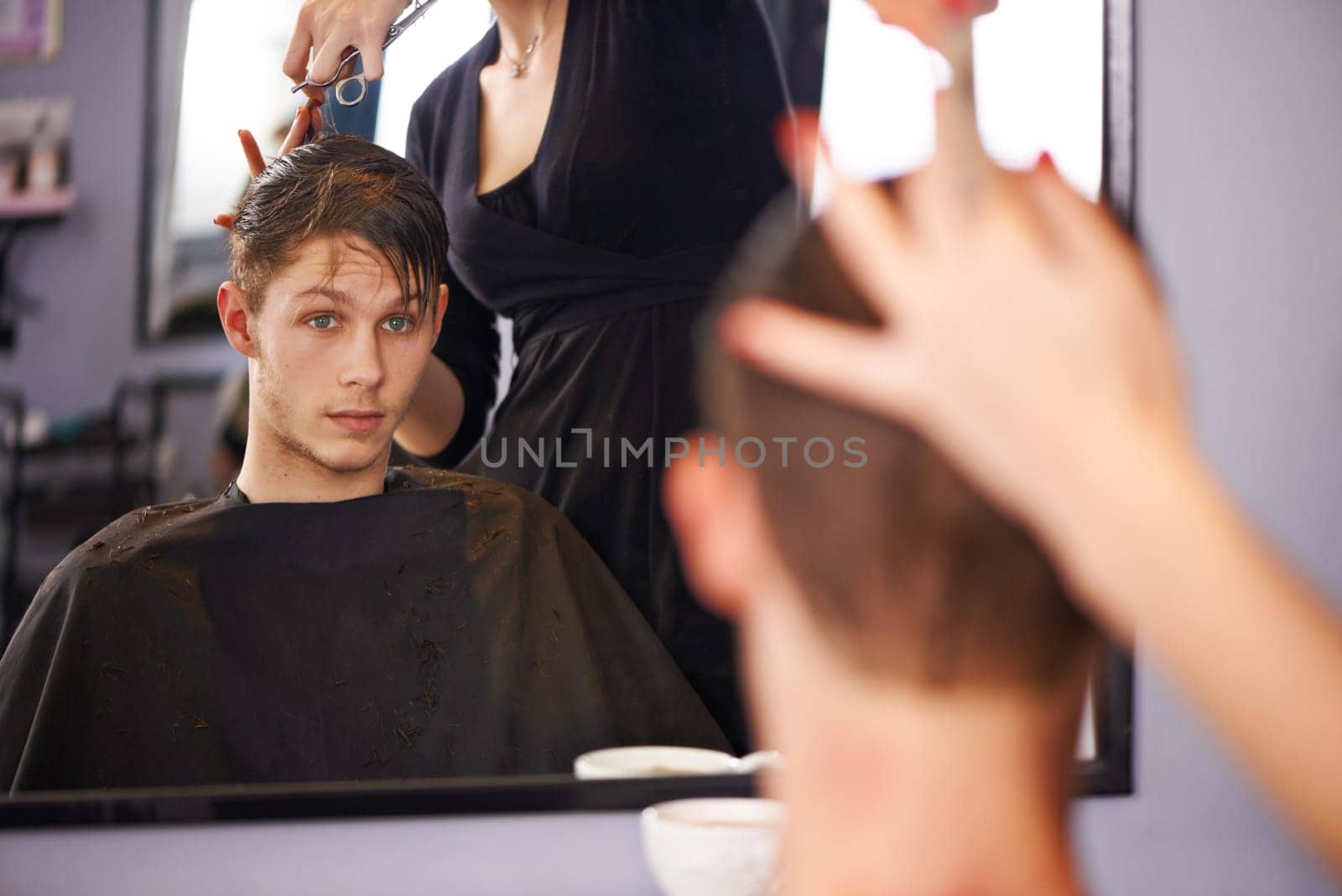 Hair studio mirror, hairstylist and salon man for hairstyle, grooming and cleaning in beauty spa. Hairdresser, service and studio people, customer or client for silky smooth, rich and texture haircut.