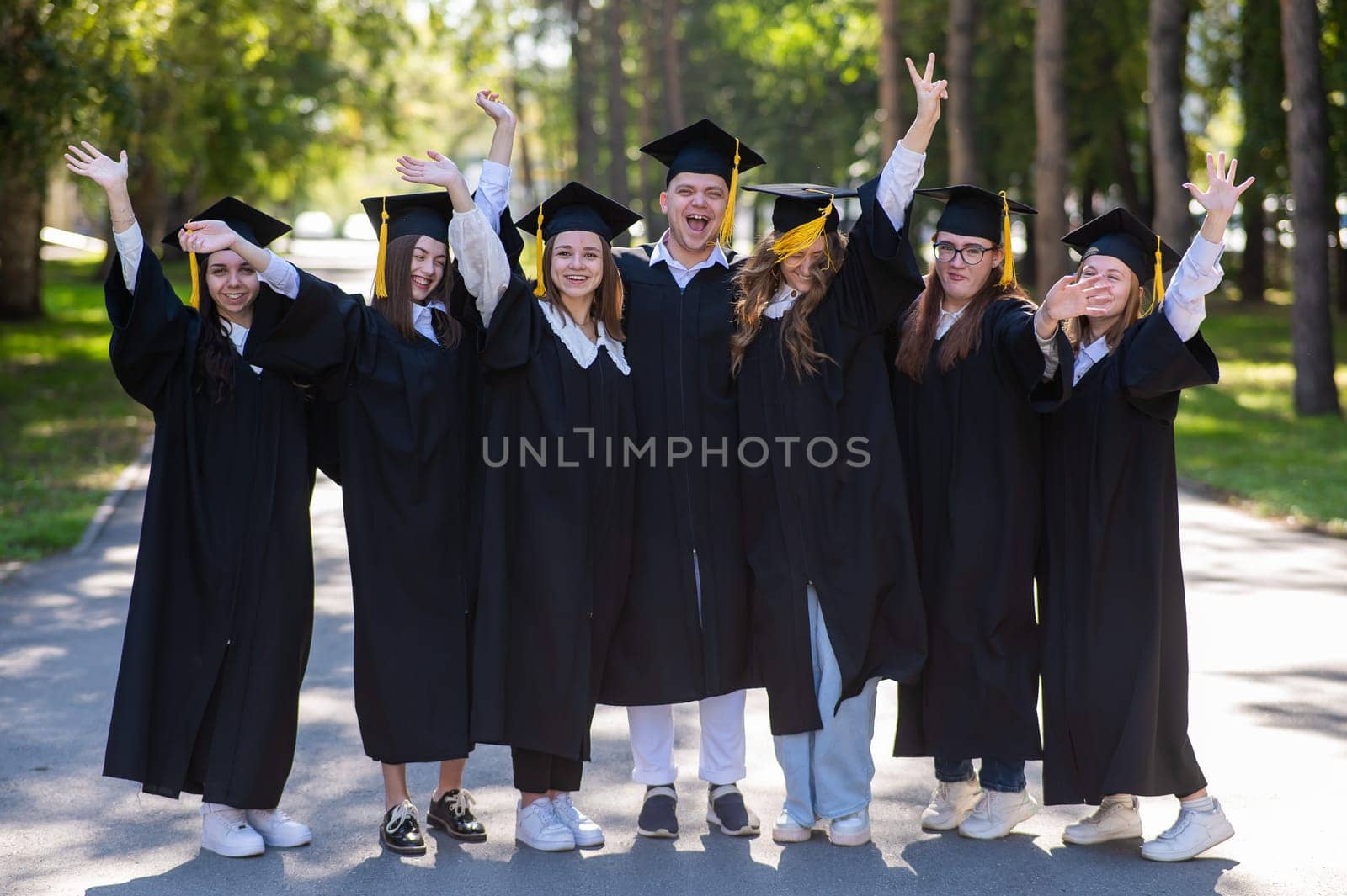Group of happy graduates in robes outdoors. by mrwed54