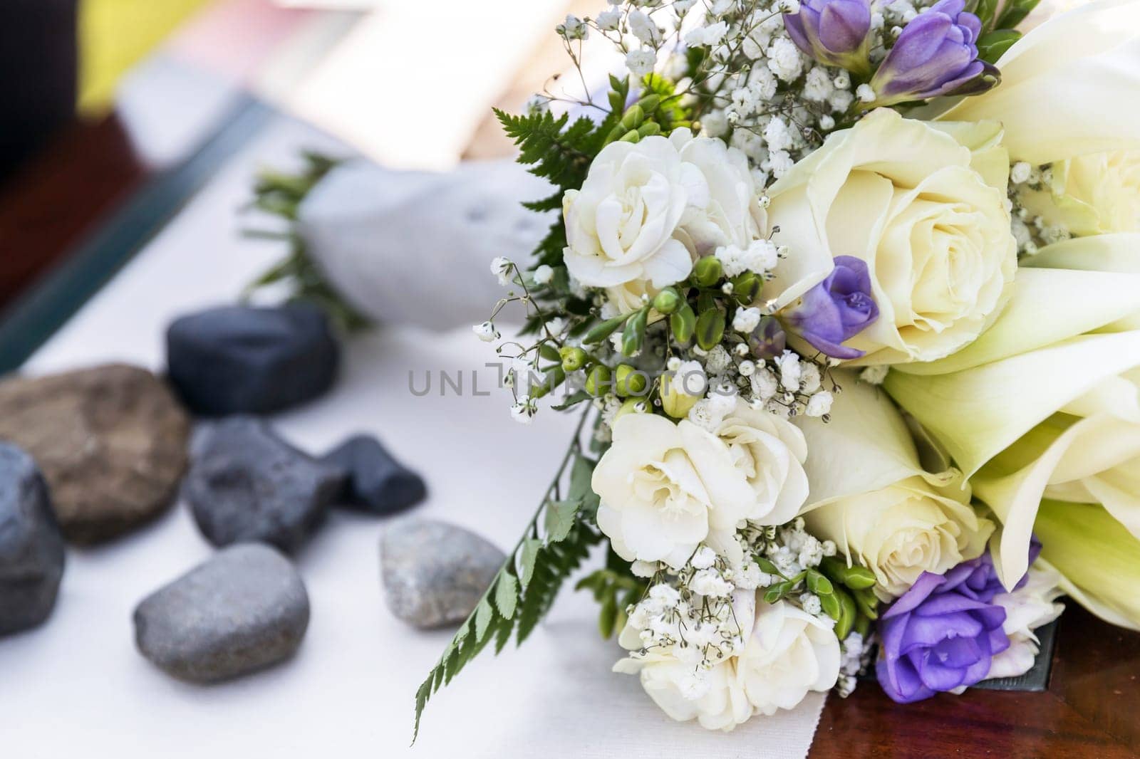 Flower bouquet of marriage, on blurred background. Party, event.