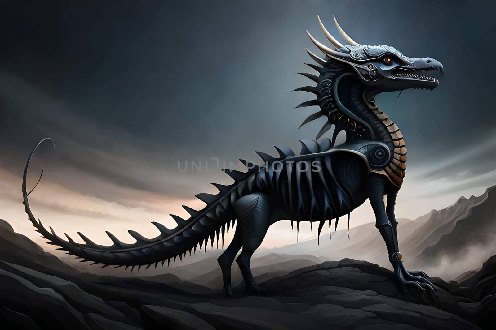 Fantasy evil dragon portrait. Surreal artwork of danger dragon from medieval mythology by milastokerpro