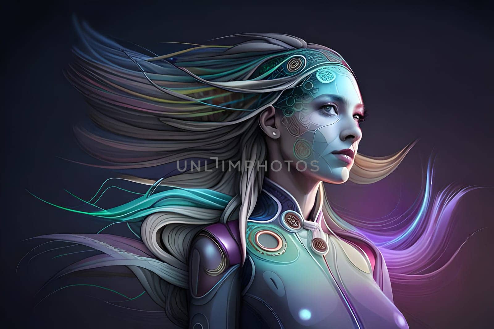 A woman with a robot face and a face painted in silver. Science Fiction Beautiful Humanoid Cyborg Woman . Female Bionic RobotbSci-Fi Video Game Character Digital Artwork