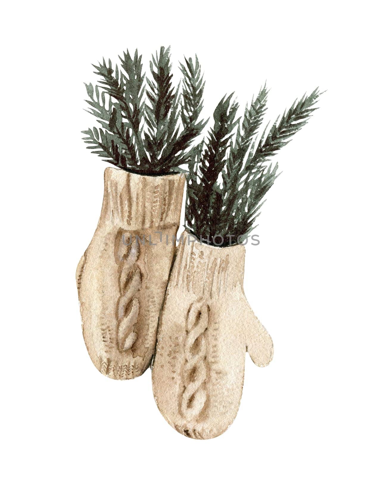 Сhristmas fir branches in mittens for decoration. Watercolor hand drawn illustration.