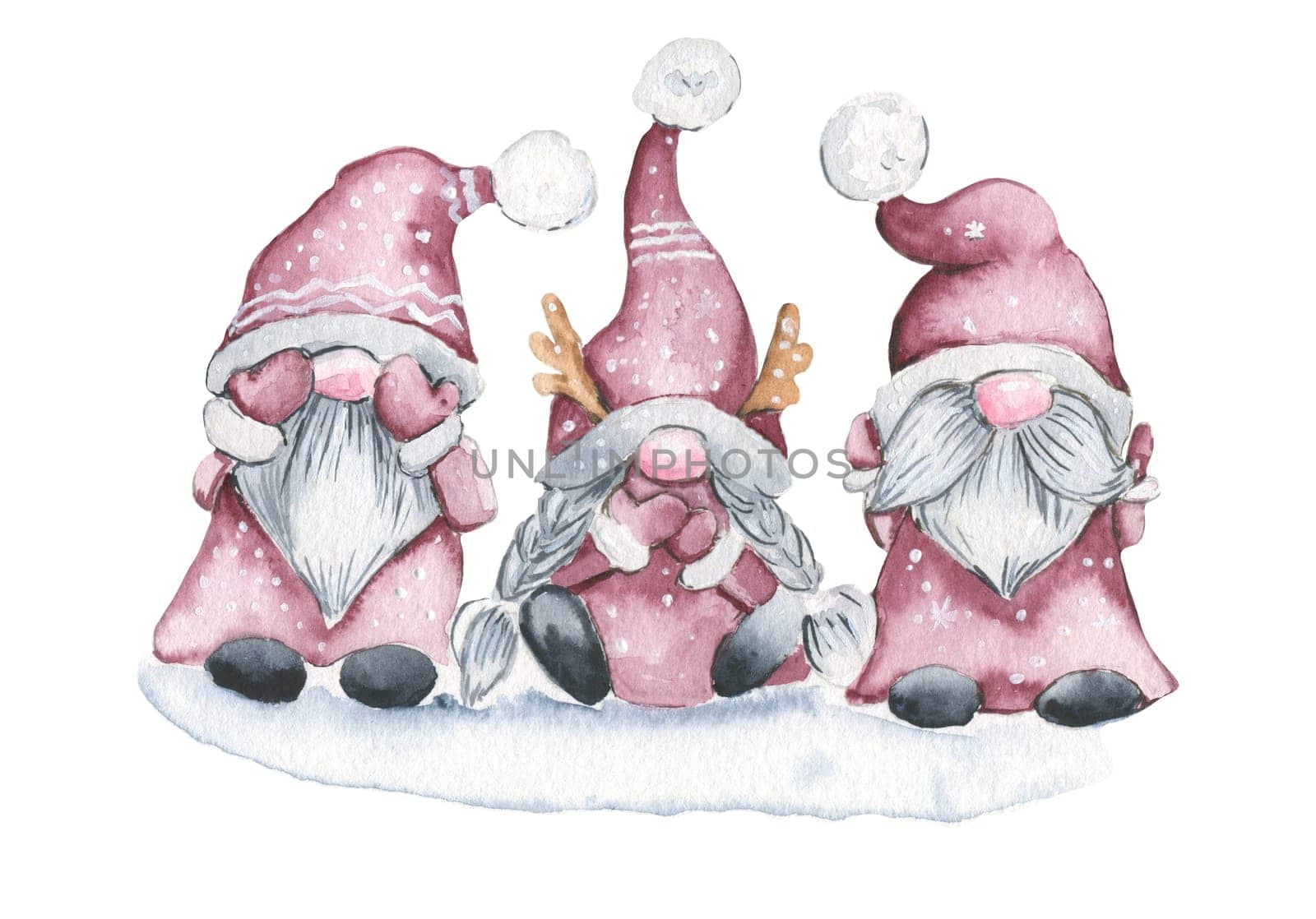 Watercolor three gnomes in Christmas. Watercolor hand drawn illustration. Winter holiday.See nothing, hear nothing, say nothing.