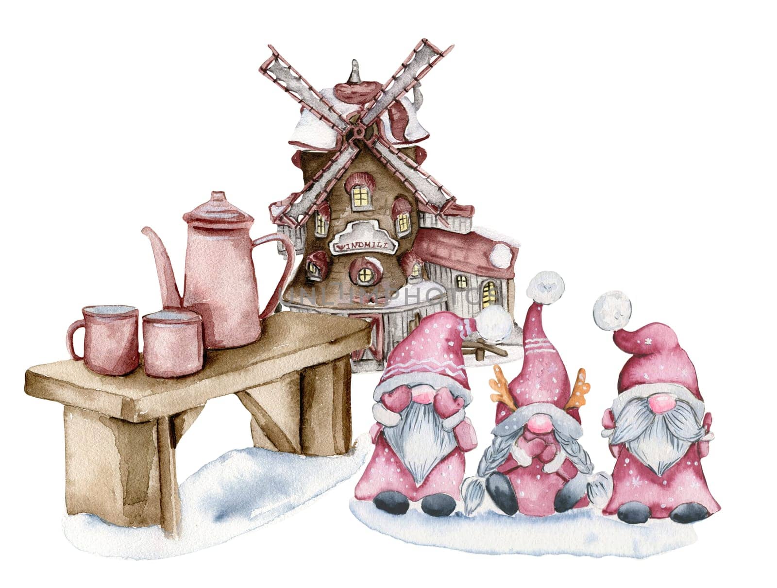 Composition of a windmill and gnomes in the snow. Watercolor hand drawn illustration.