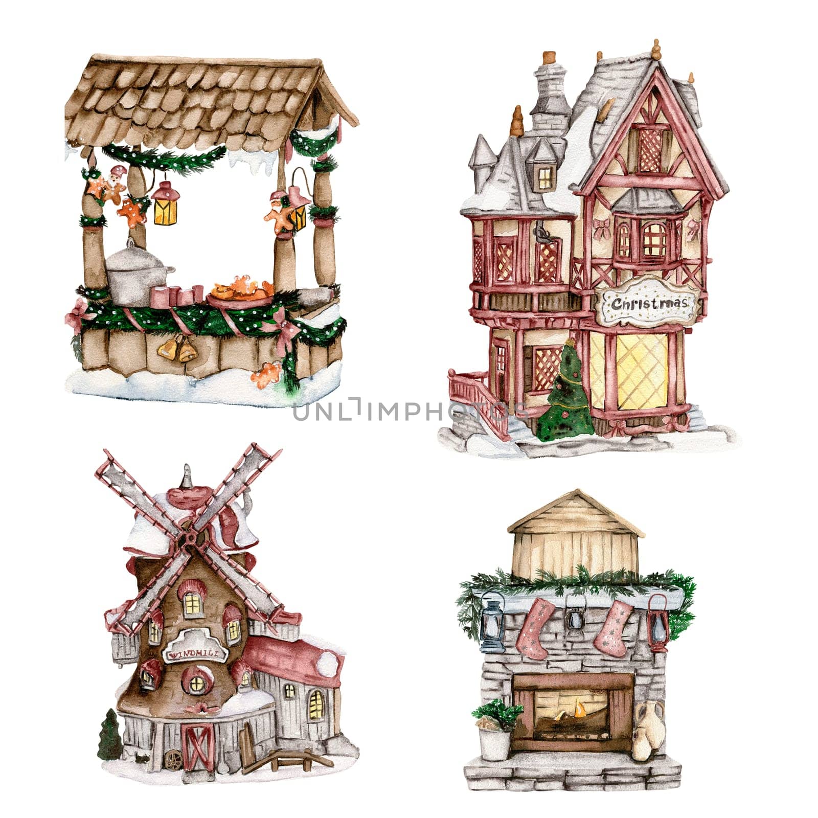 Watercolor house, windmill in winter. Christmas winter house with a snow covered roof and light in windows hand drawn with watercolor . Watercolor illustration. Winter cottage.