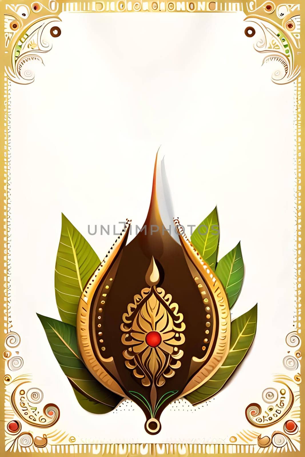 Happy ugadi greeting card background with kalash. Happy Ugadi holiday composition - Hindu New Year festival. Decorated Kalash with coconut, flowers, mango leaves and diya.