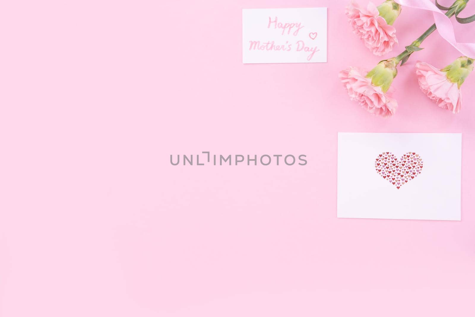 Beautiful, fresh elegant carnation flower bouquet with white greeting thanks gift card isolated on bright pink color background, top view, flat lay concept.
