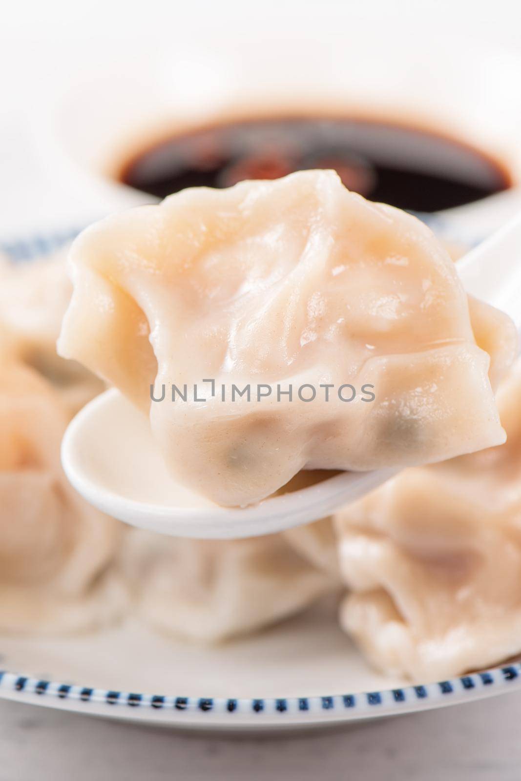 Fresh, delicious boiled pork, shrimp gyoza dumplings on white background with soy sauce and chopsticks, close up, lifestyle. Homemade design concept.