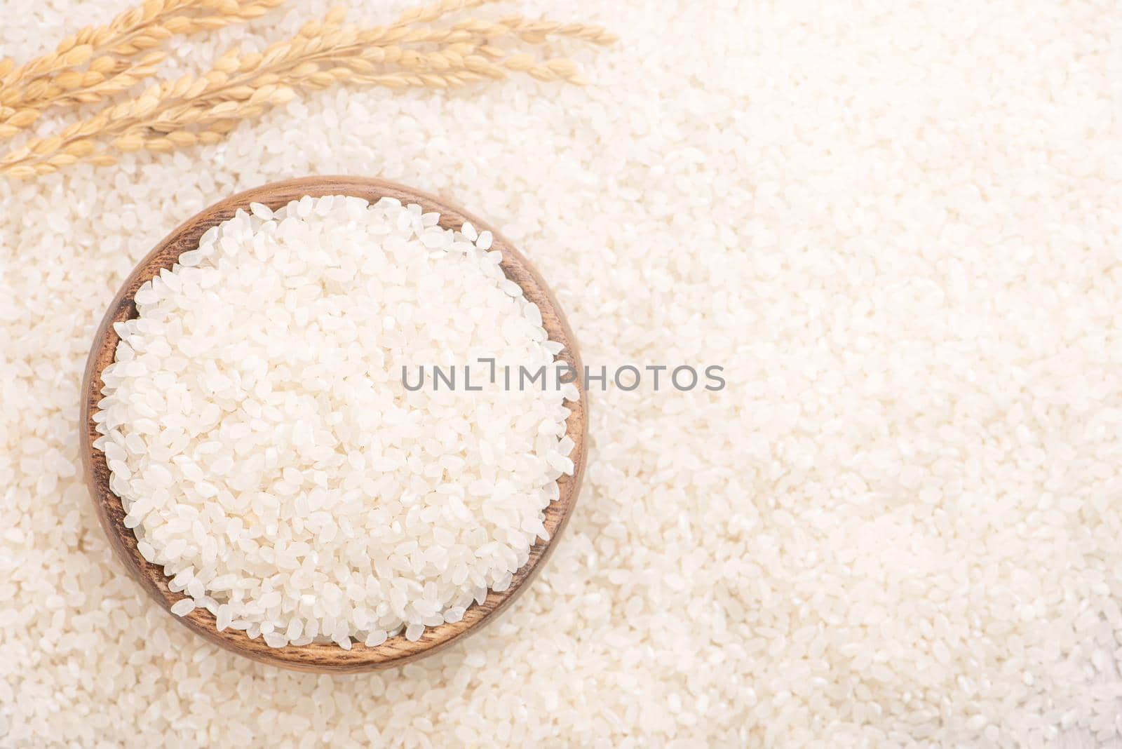Raw white polished milled edible rice crop on white background in brown bowl, organic agriculture design concept. Staple food of Asia, close up.