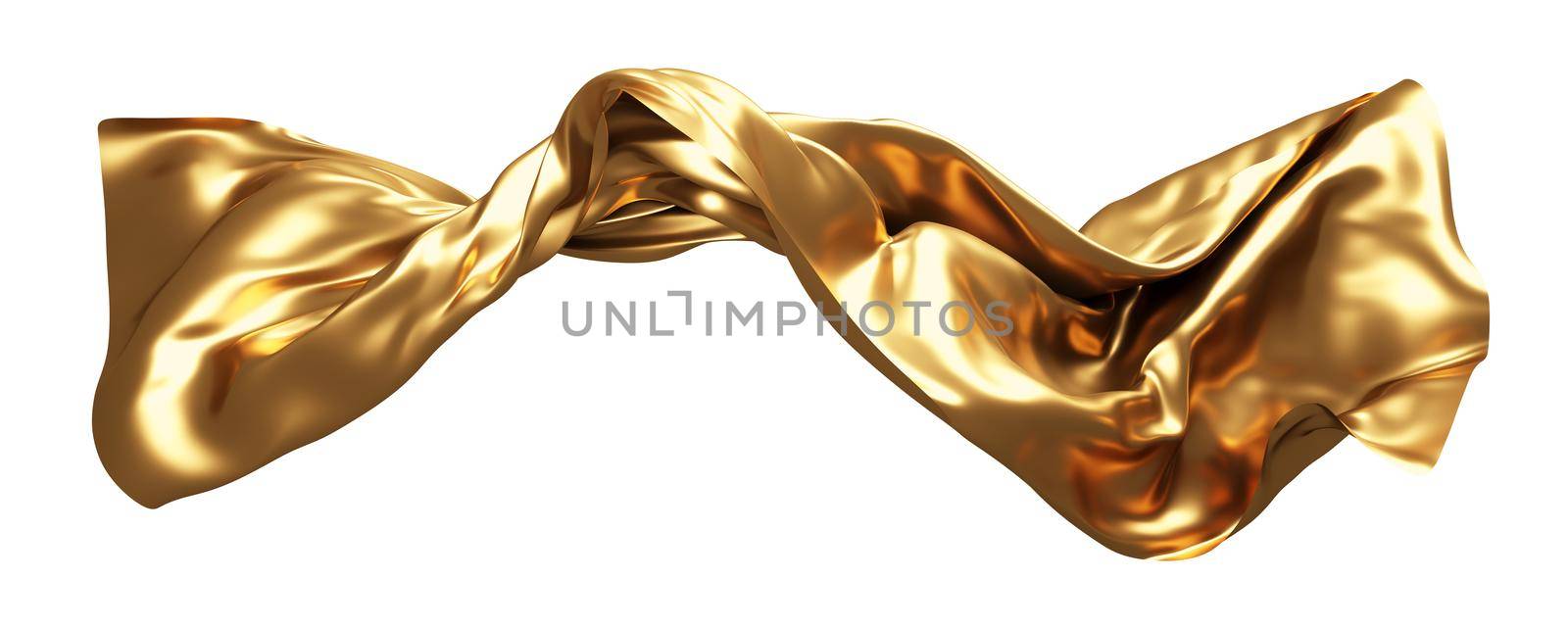 Gold fabric flying in the wind isolated on white background 3D render by Myimagine