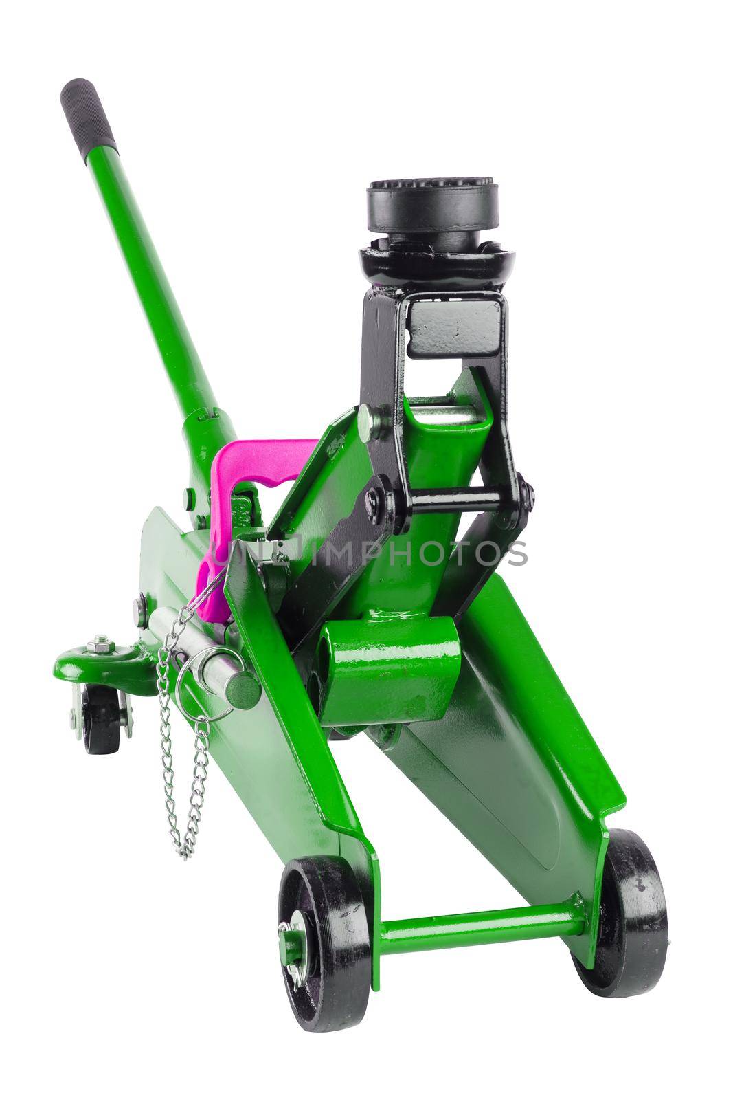 green hydraulic car jack isolated on white background, 2 ton capacity, rised up